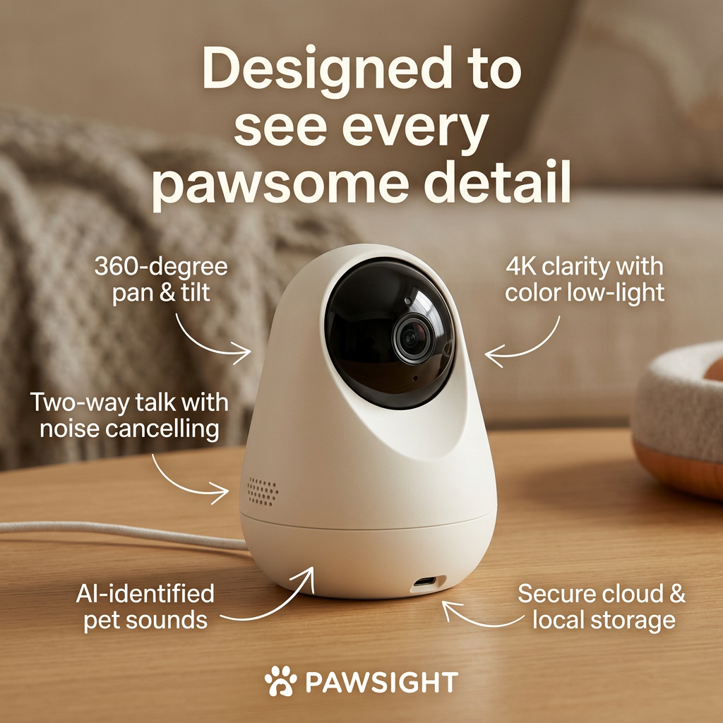 White rounded Pawsight pet camera on a wooden table in a cosy living room, with five curved arrows labelling its features