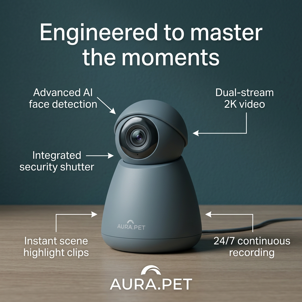 Slate-grey Aura.Pet dome camera on a wooden surface against a dark teal wall, with five angular arrows labelling its features