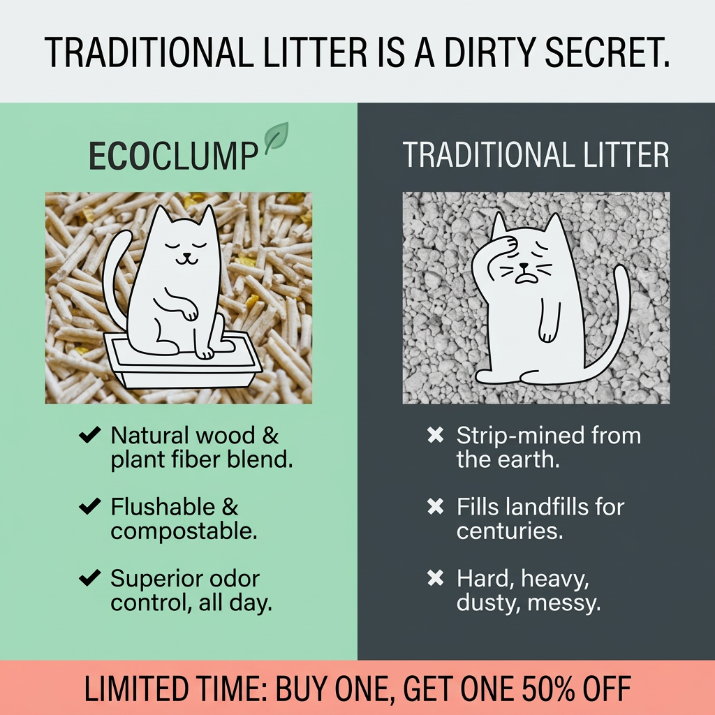 Split ad: happy cartoon cat on wood litter labelled EcoClump vs. a disgusted cat on clay litter, with a BOGO banner