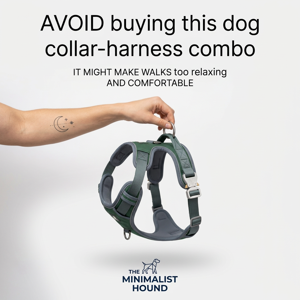Tattooed arm holding up a forest-green and grey padded dog harness under the headline 'Avoid buying this dog harness combo'