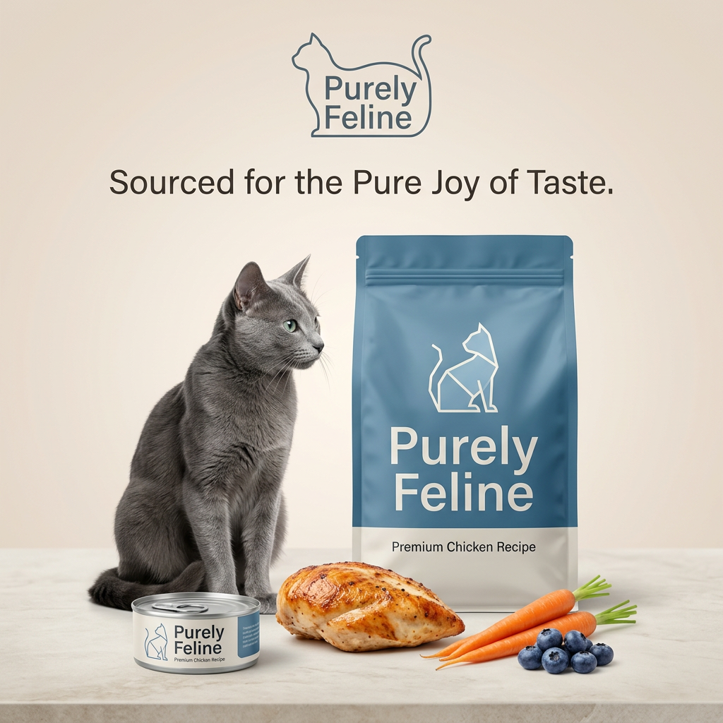 Grey cat sitting beside a blue Purely Feline bag and can, with a roasted chicken breast, carrots and blueberries in front