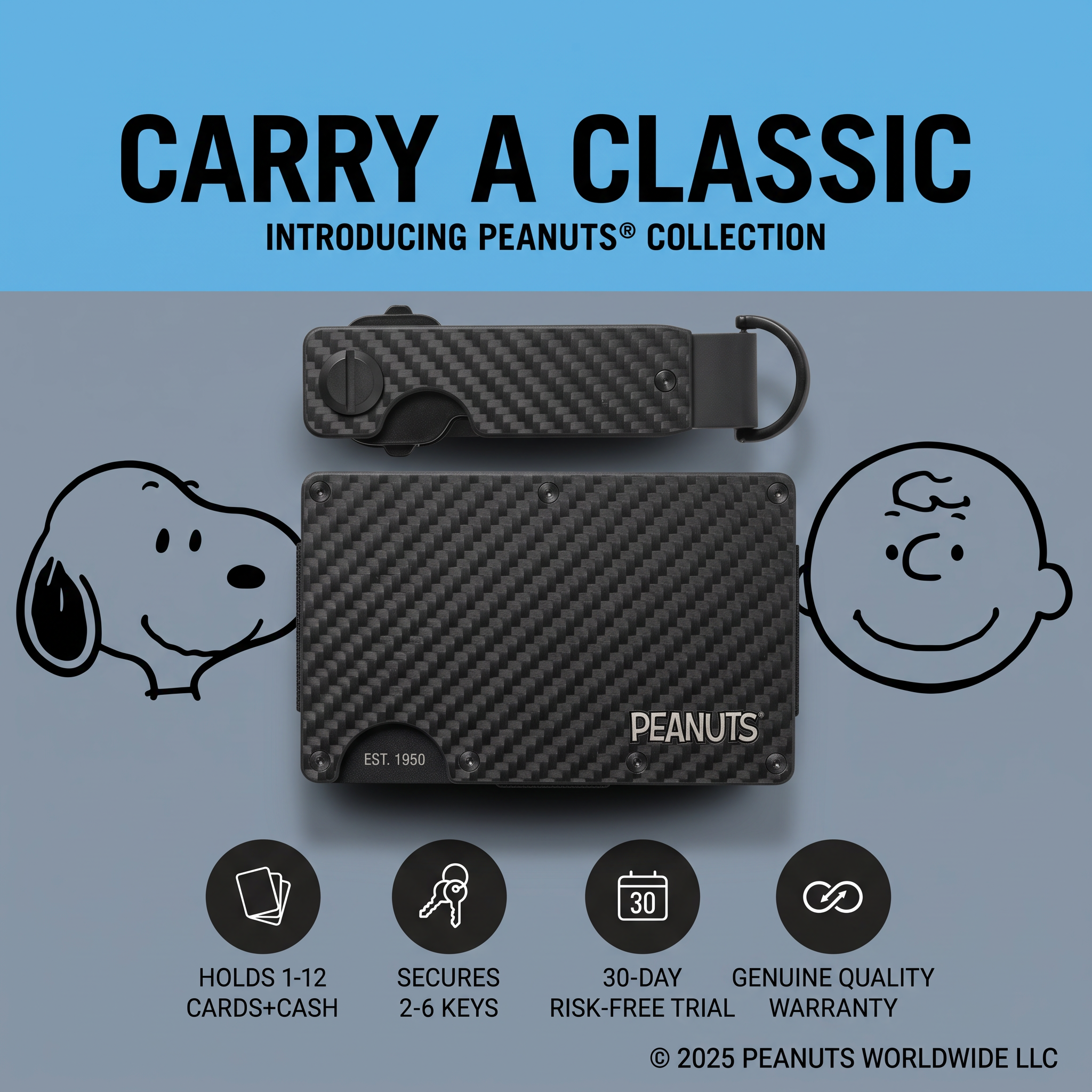 Carbon fiber wallet and key organizer with Peanuts branding, line-drawn cartoon characters and four feature icons