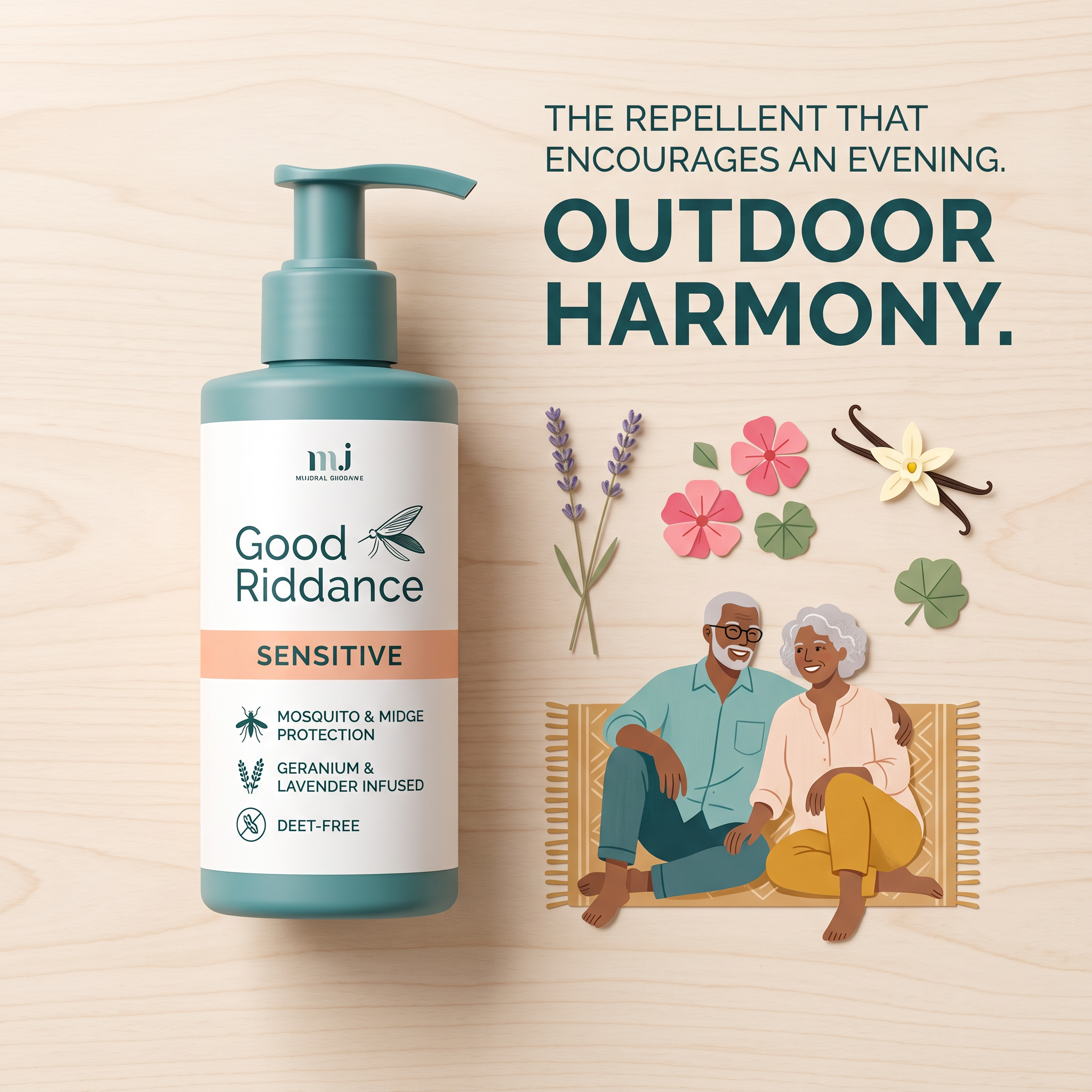 Teal pump bottle of Good Riddance Sensitive repellent beside papercut lavender, flowers and an older couple relaxing on a rug
