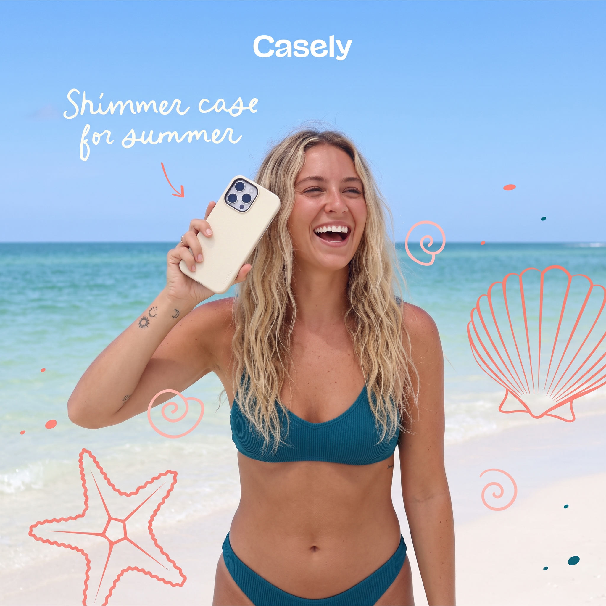 Laughing woman on a beach holding a cream phone case, with handwritten text shimmer case for summer and shell doodles