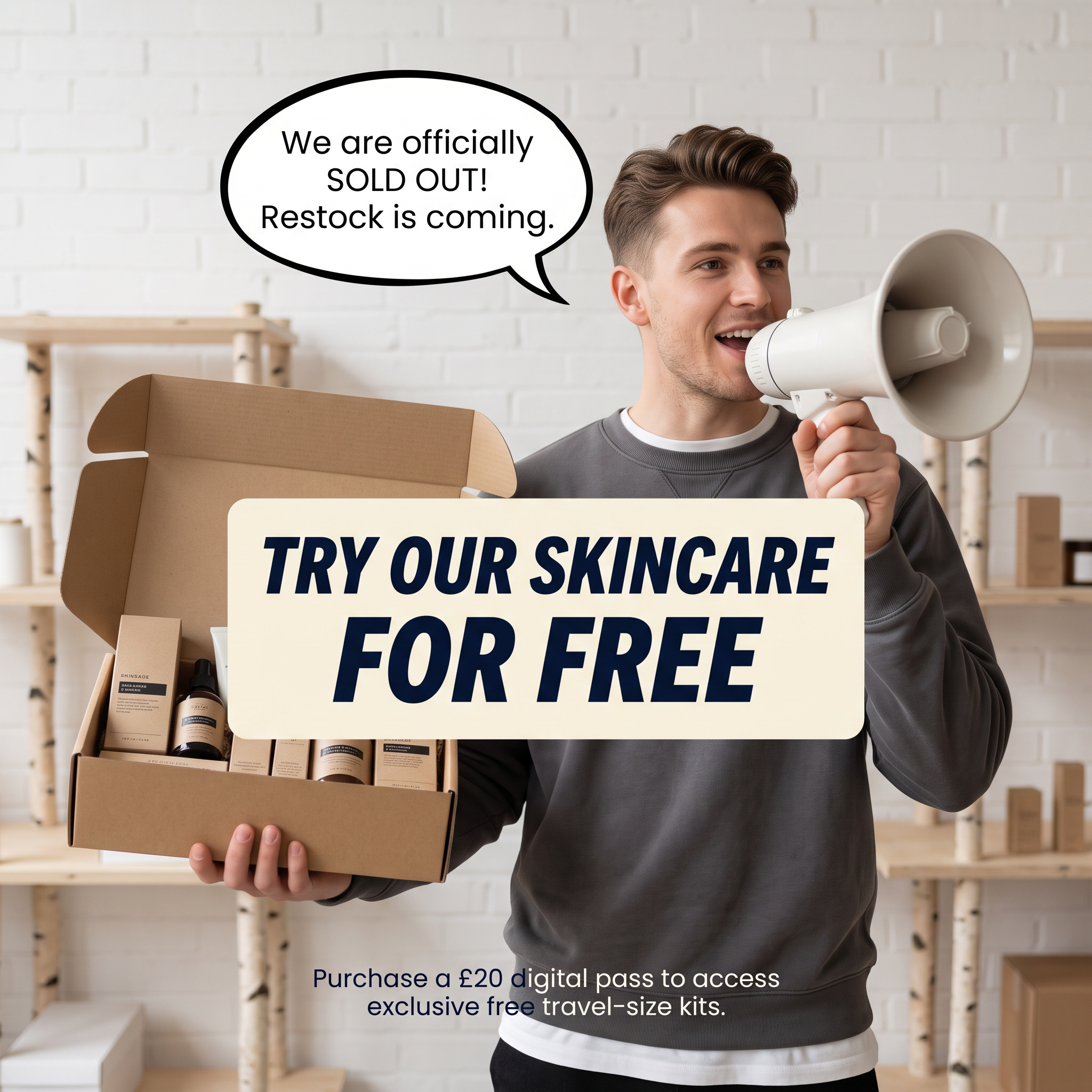 Man with a megaphone and a box of skincare, a sold out speech bubble and a banner reading try our skincare for free