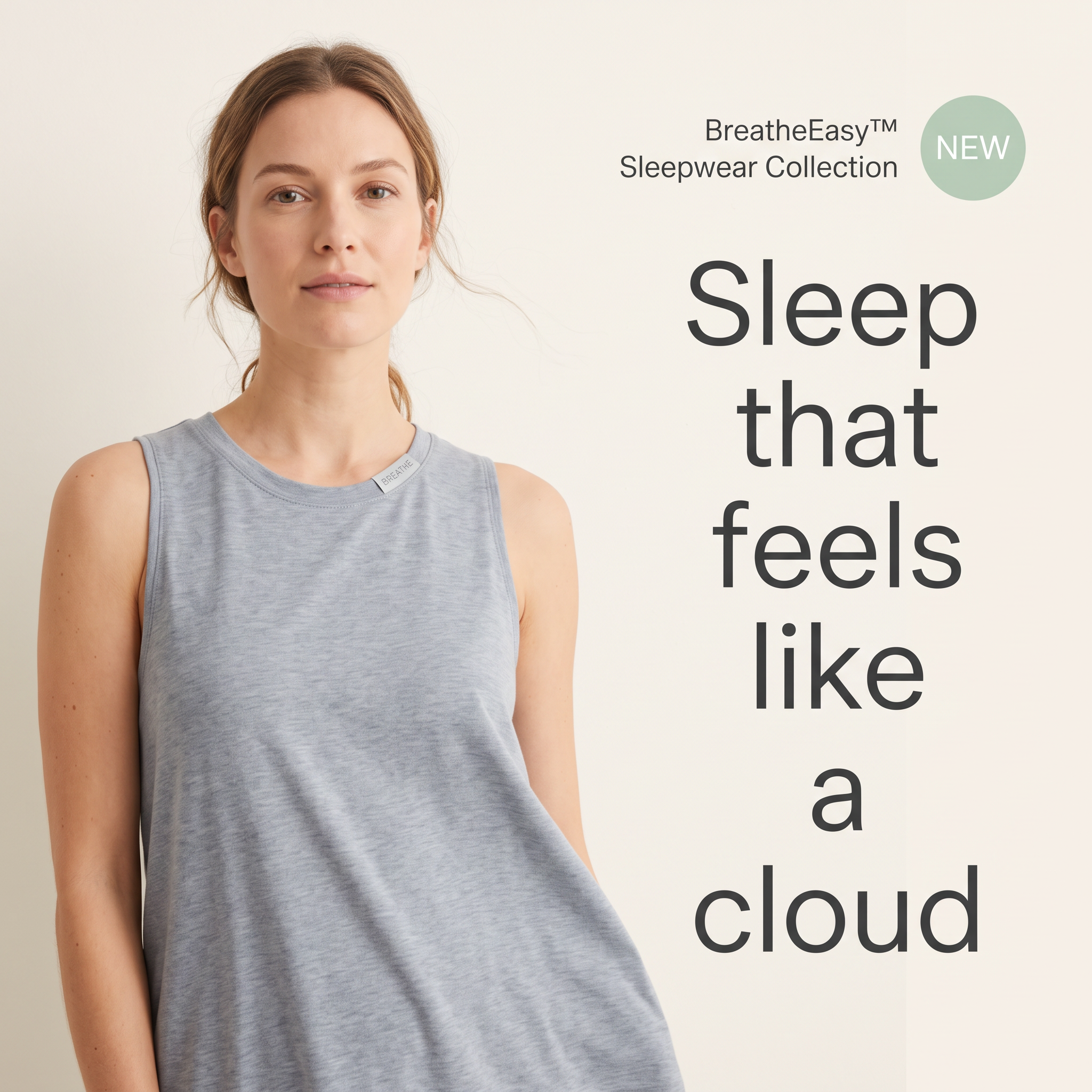 Woman in a grey sleeveless sleep top beside a stacked headline reading sleep that feels like a cloud and a NEW badge