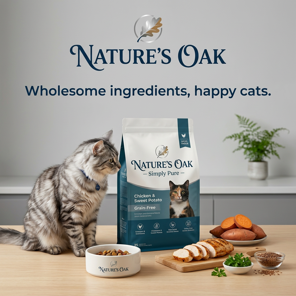 Silver tabby sniffing a Nature's Oak grain-free cat food bag on a kitchen counter beside chicken and sweet potatoes