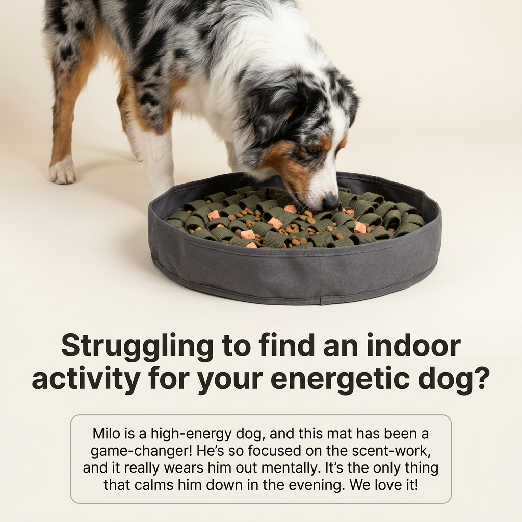Blue merle Australian Shepherd sniffing kibble in a grey and olive snuffle bowl, above a question and an owner review