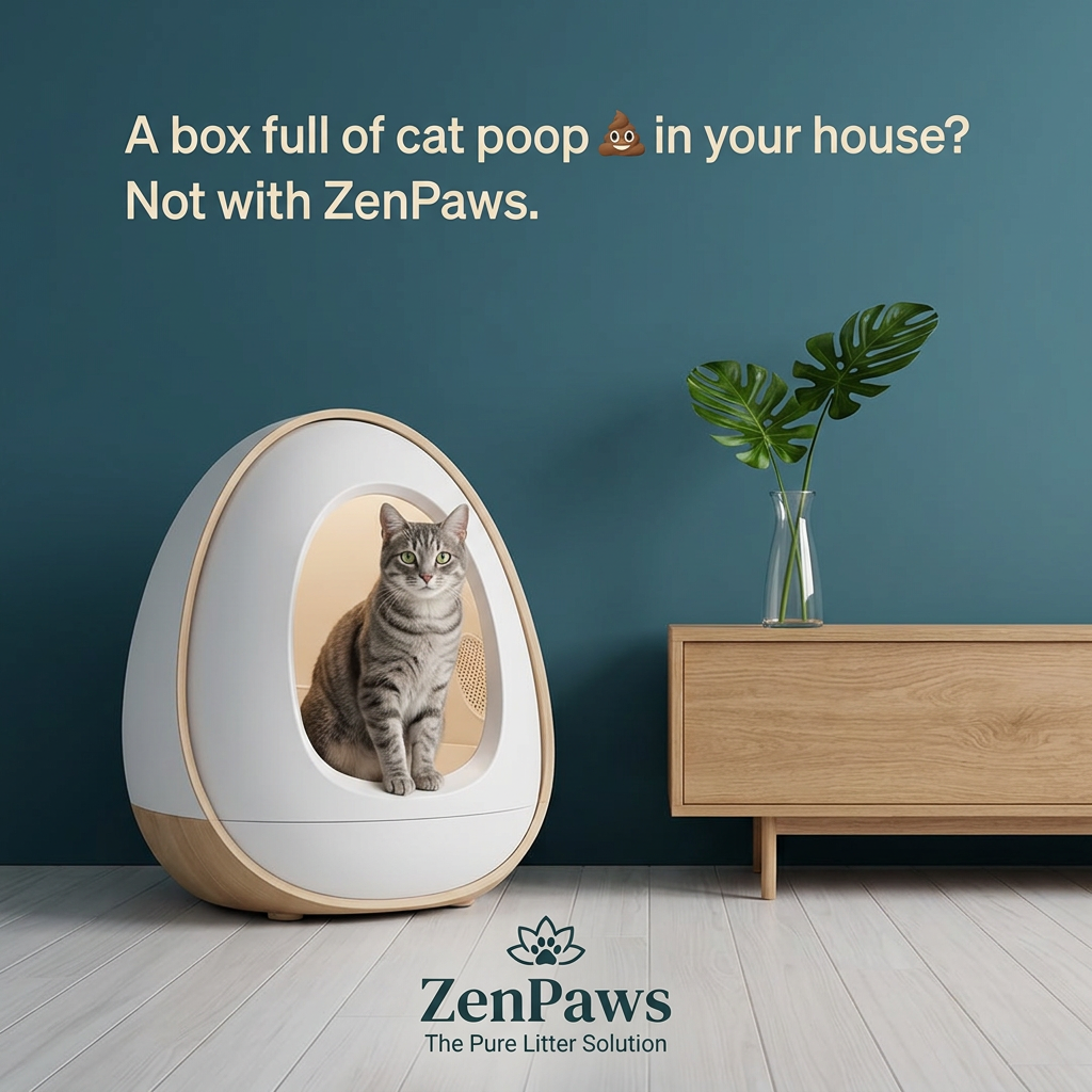 Tabby cat sitting in a white egg-shaped ZenPaws litter box against a teal wall, beside a wood sideboard and monstera vase