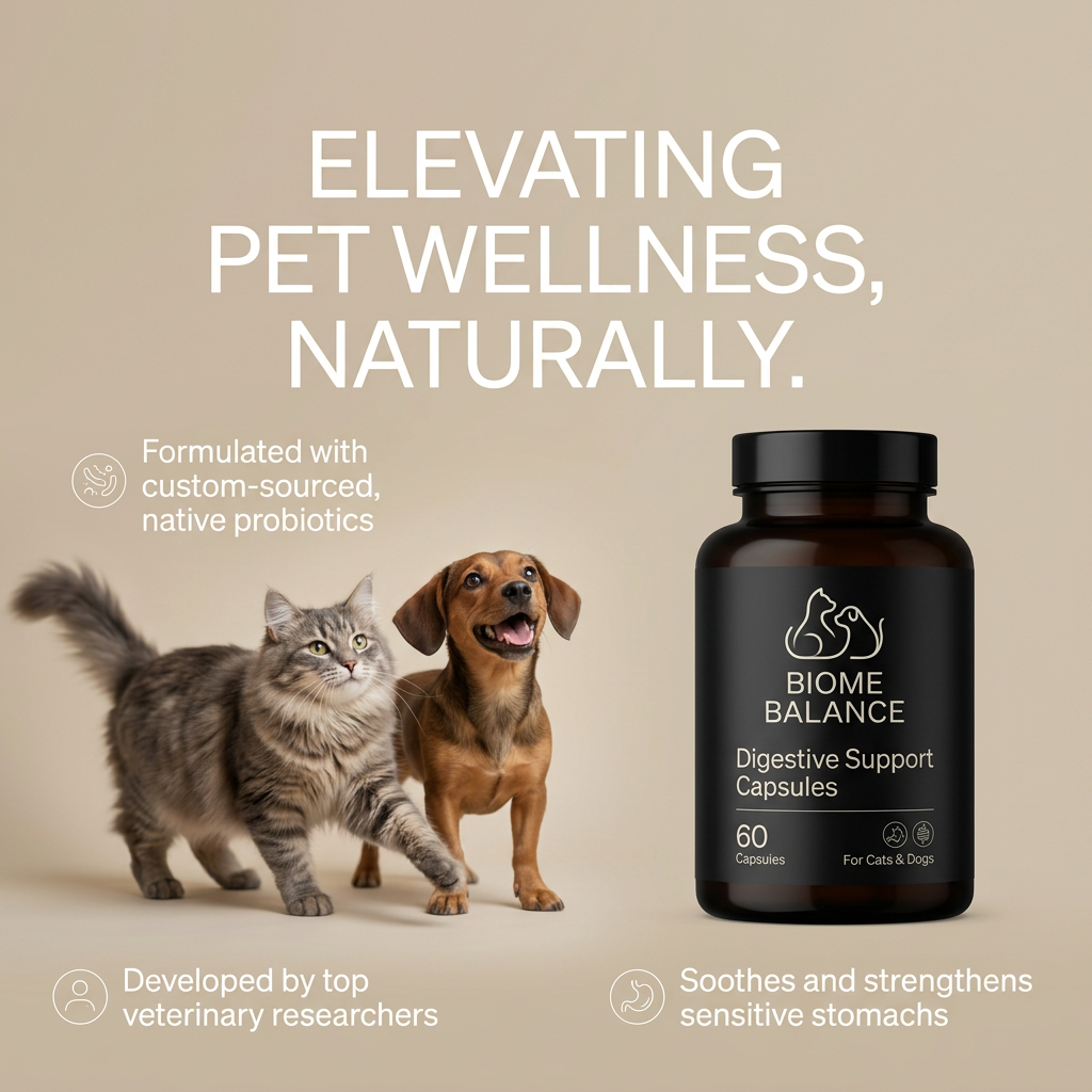 Grey cat and brown dog walking together beside a black Biome Balance digestive support jar, with three icon callouts