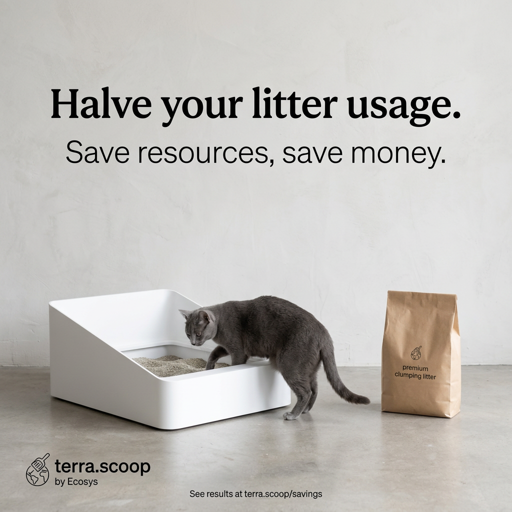 Grey cat stepping into a white angled litter tray on a concrete floor beside a kraft bag of premium clumping litter