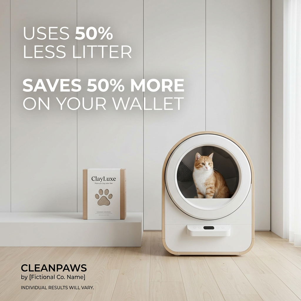 Ginger and white cat sitting inside a round white self-cleaning litter box in a minimal room, with 50% savings text