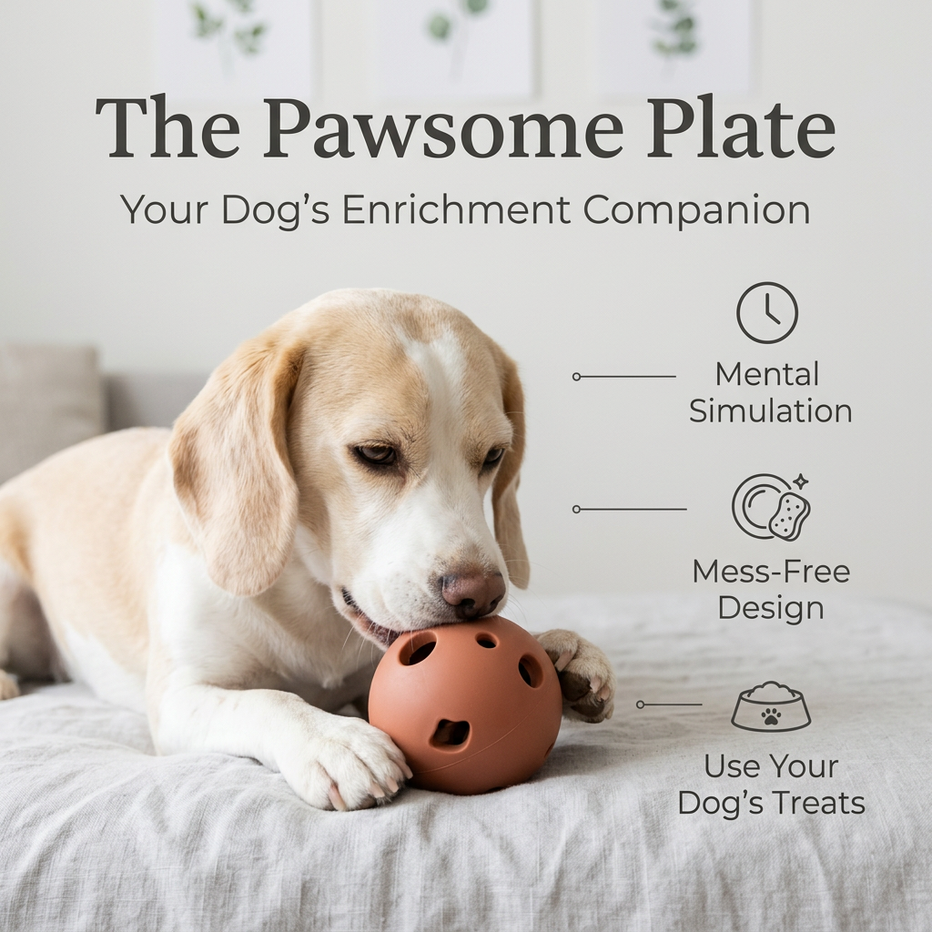 Beagle chewing a terracotta treat-dispensing ball on a grey linen bed, with three line-icon feature labels on the right