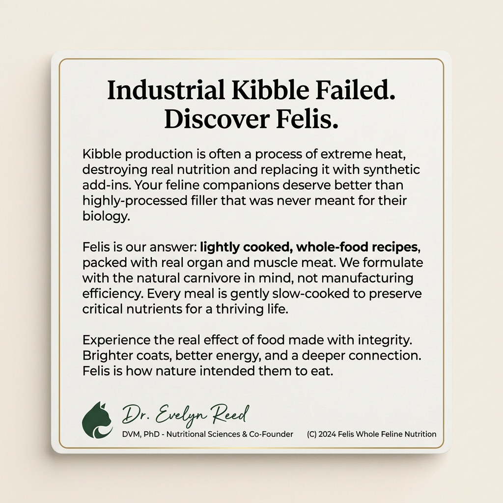 Cream card with a signed letter from Dr. Evelyn Reed, DVM, explaining why Felis whole-food cat recipes beat industrial kibble