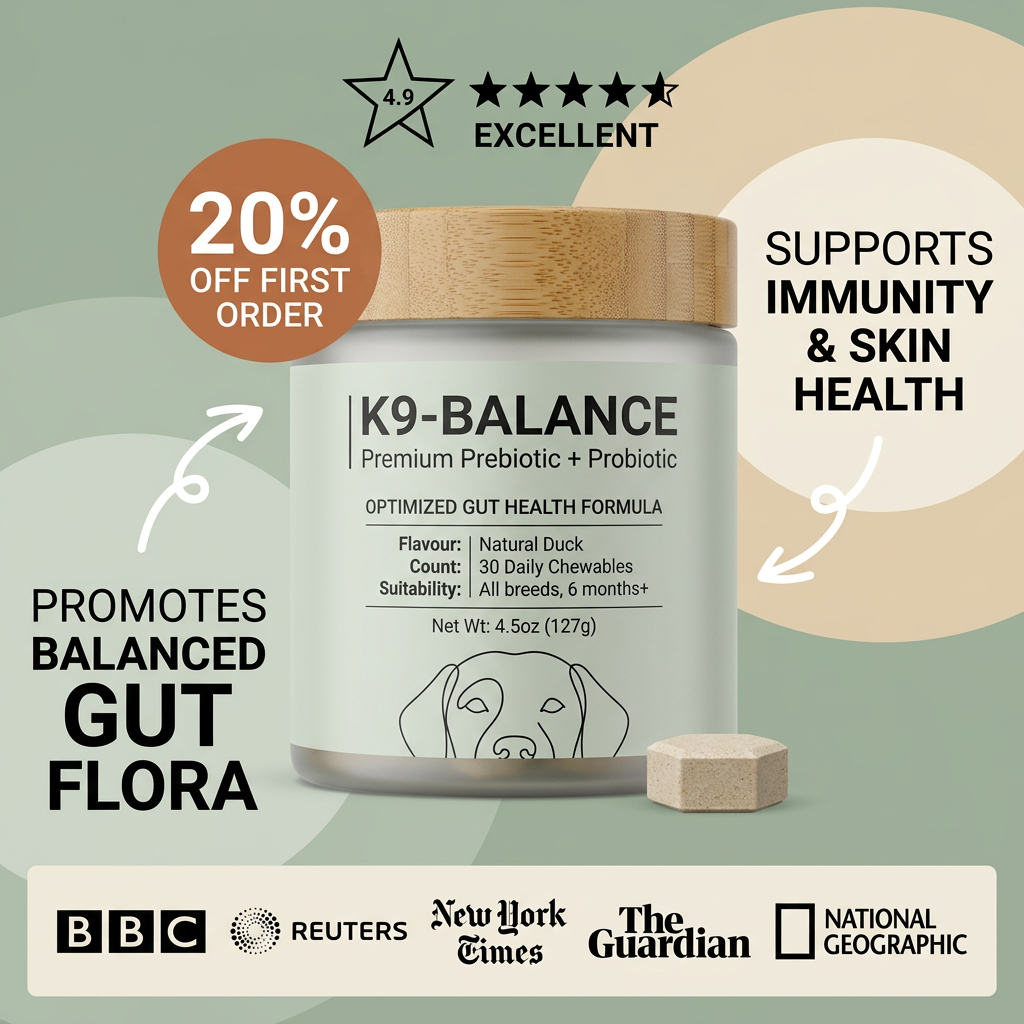 Sage-green K9-Balance probiotic jar with a duck chew, two benefit callouts, a 4.9 rating, 20% off badge and press logos