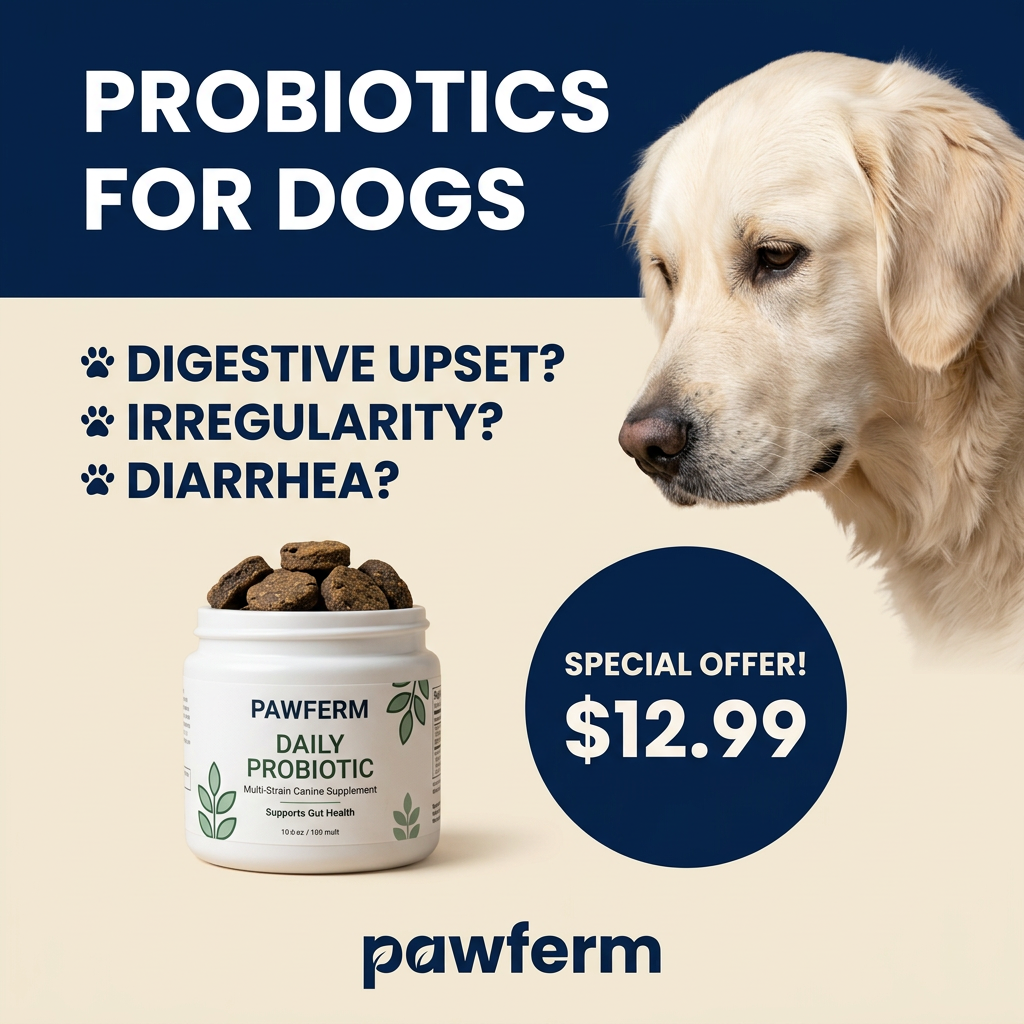 Jar of Pawferm probiotic soft chews under three digestive symptom questions, beside a golden retriever and a $12.99 offer