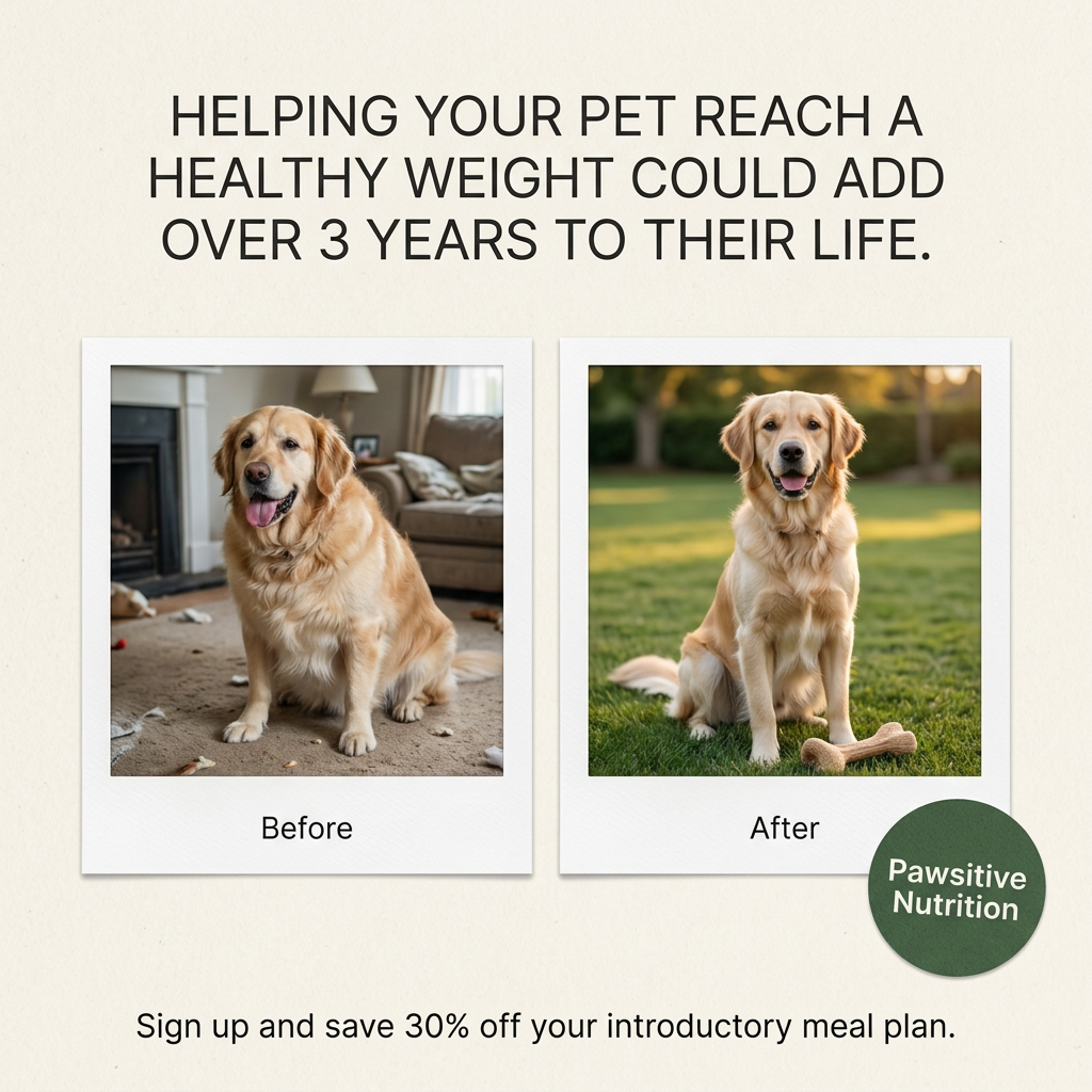 Polaroid before and after of a golden retriever: heavier in a messy living room, then leaner on a sunny lawn