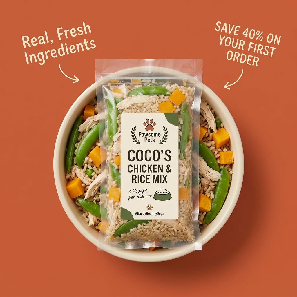 Clear pack labelled Coco's Chicken & Rice Mix on a bowl of chicken, rice, snap peas and squash on a terracotta background