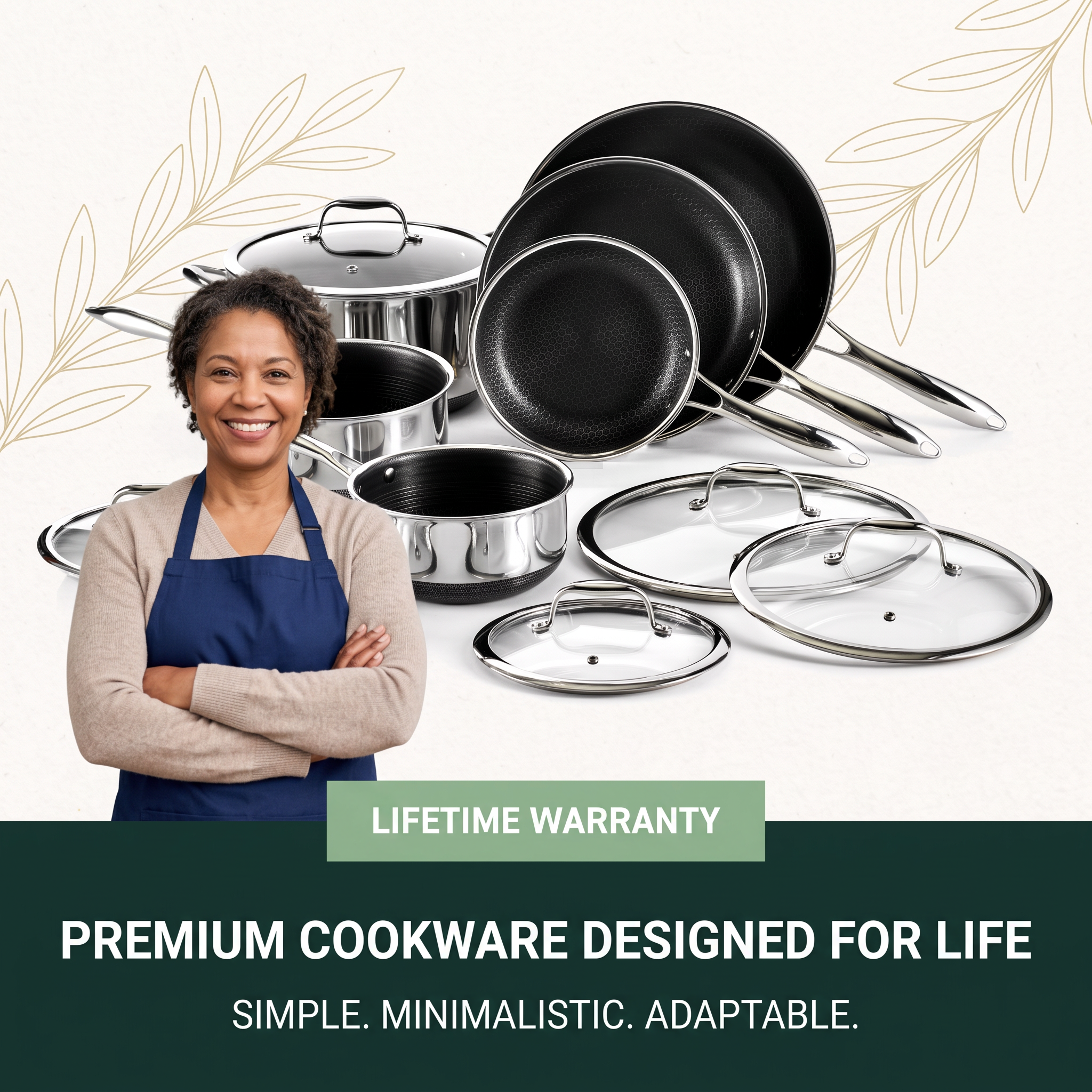 Smiling woman in a blue apron next to a stainless steel cookware set with honeycomb nonstick pans and glass lids