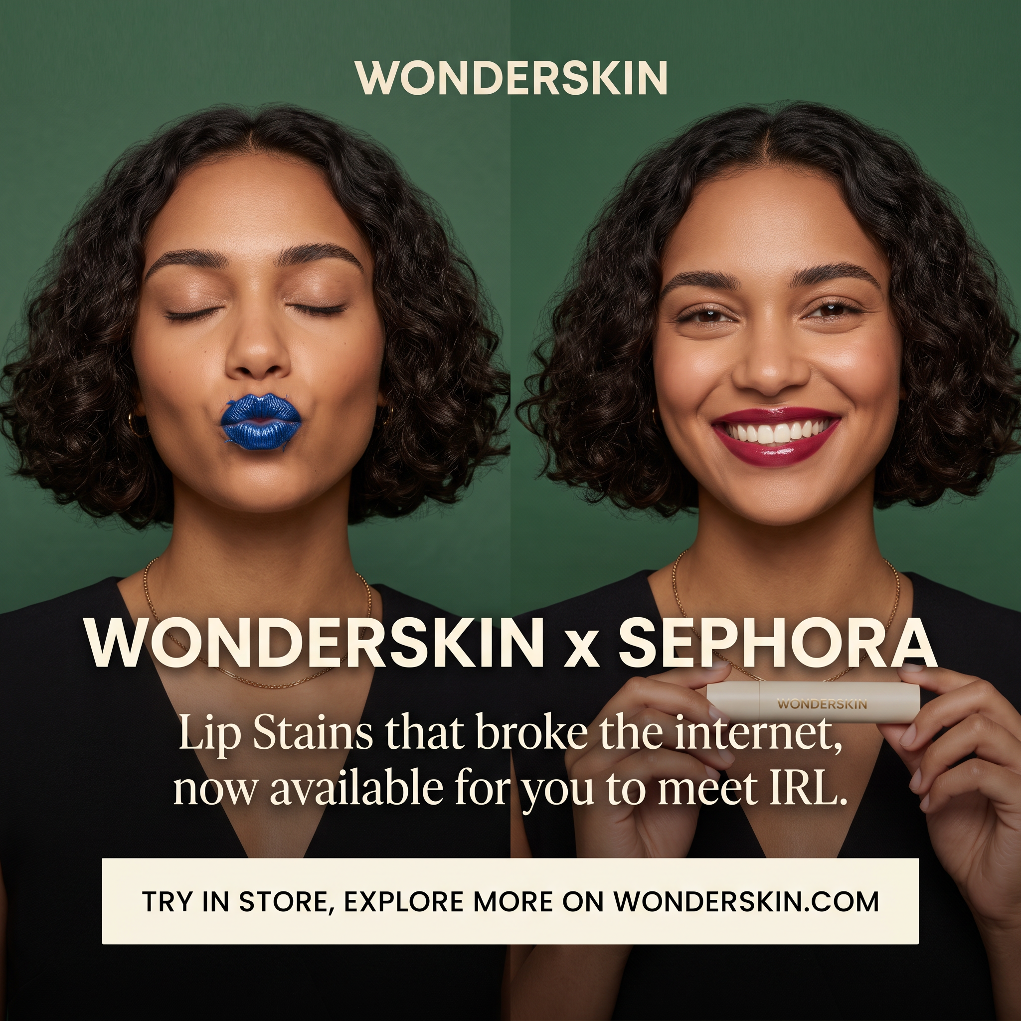 Split portrait of a woman with blue peel-off lip stain on the left and a berry red result on the right on green