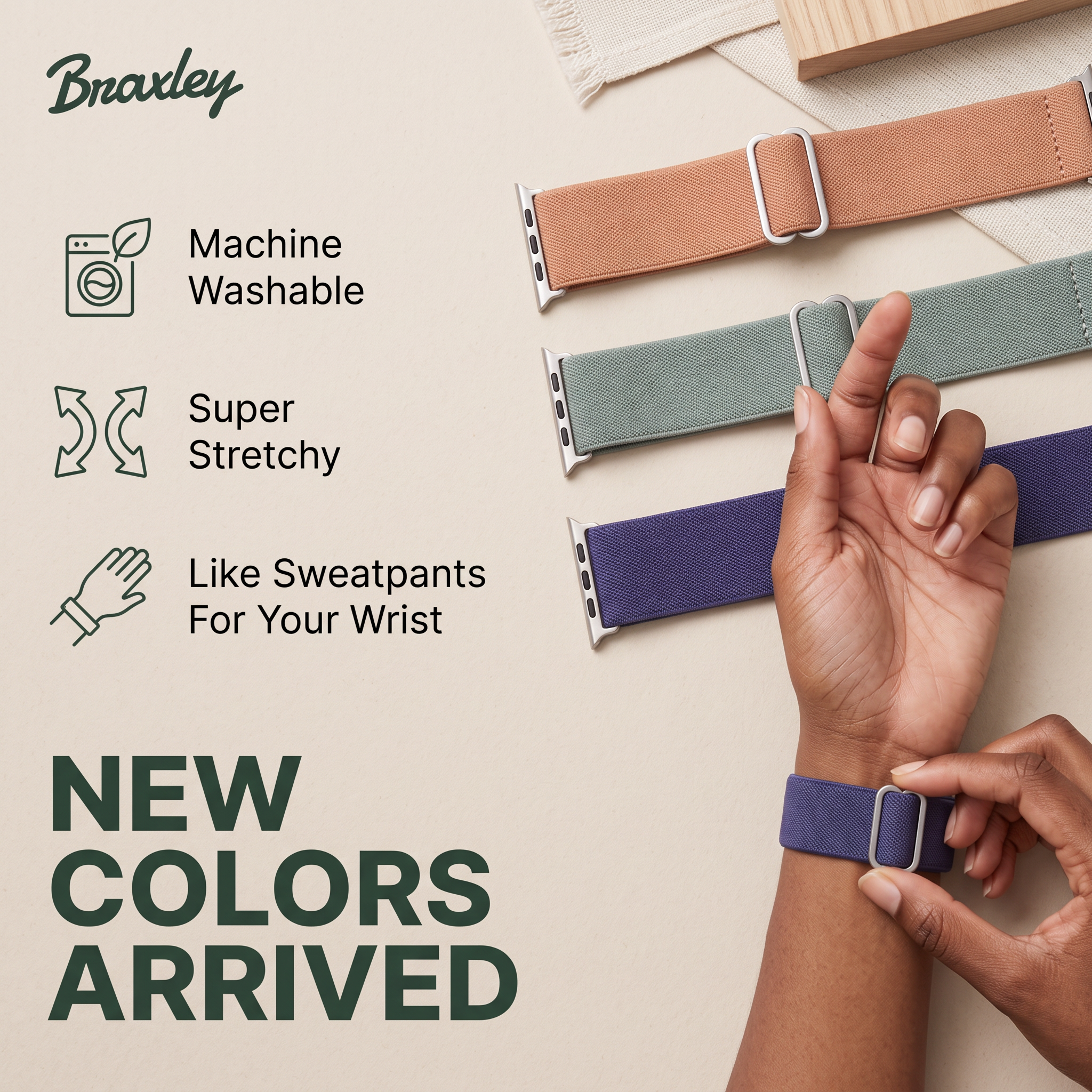 Three stretchy Apple Watch bands in peach, sage and purple next to icon callouts and the text New Colors Arrived