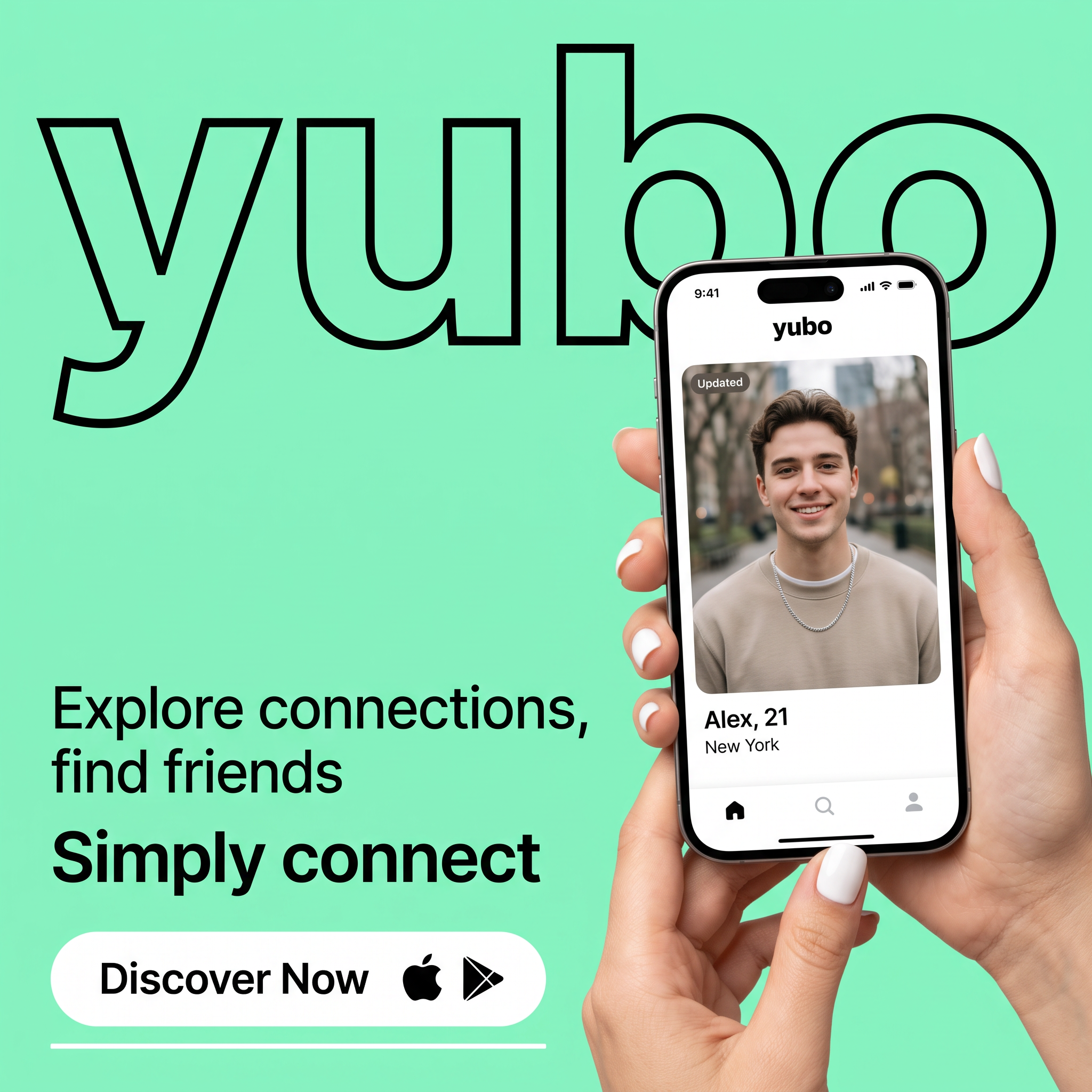 Hand holding a phone with a Yubo profile card on a mint green background with outline logo and Discover Now button