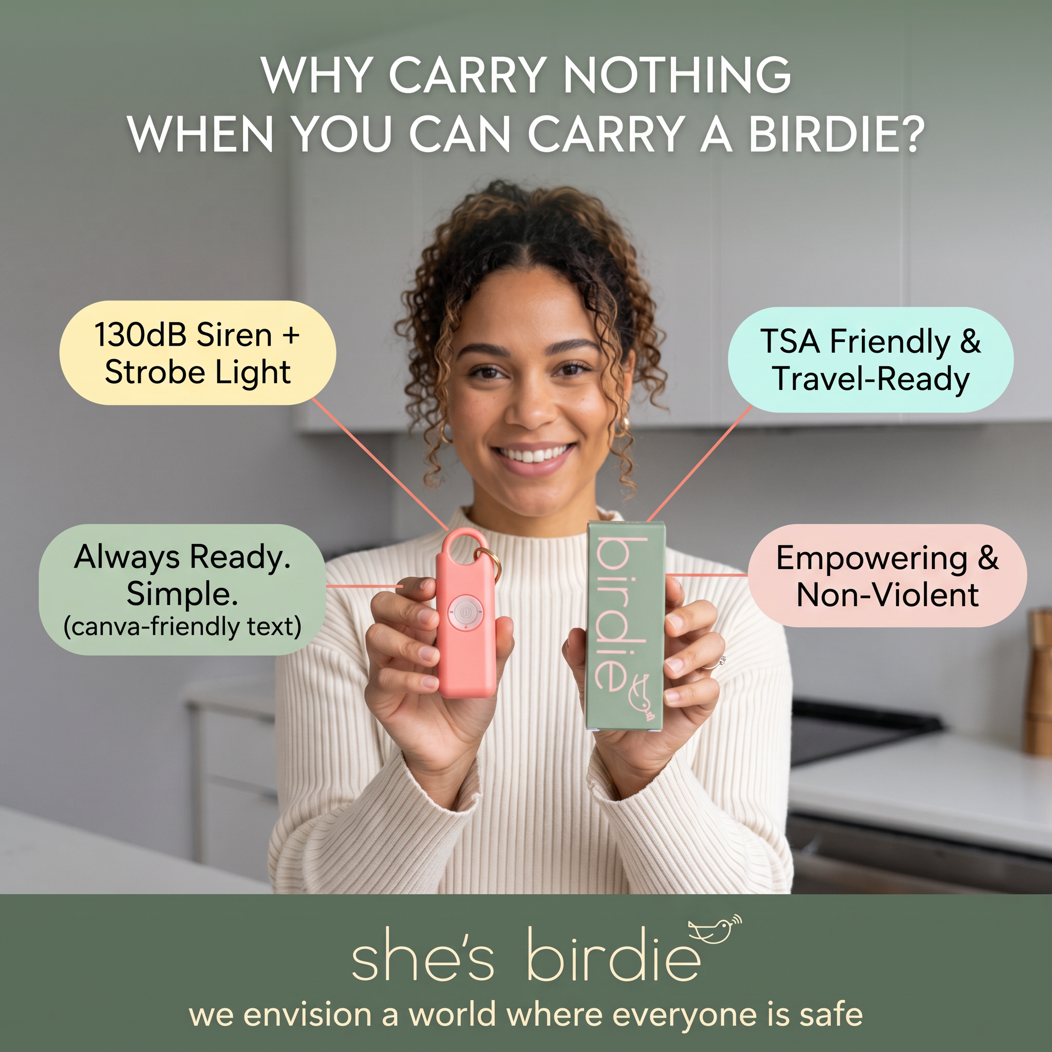 Smiling woman holding coral Birdie safety alarm and green box with four pastel feature bubbles and headline Why carry nothing