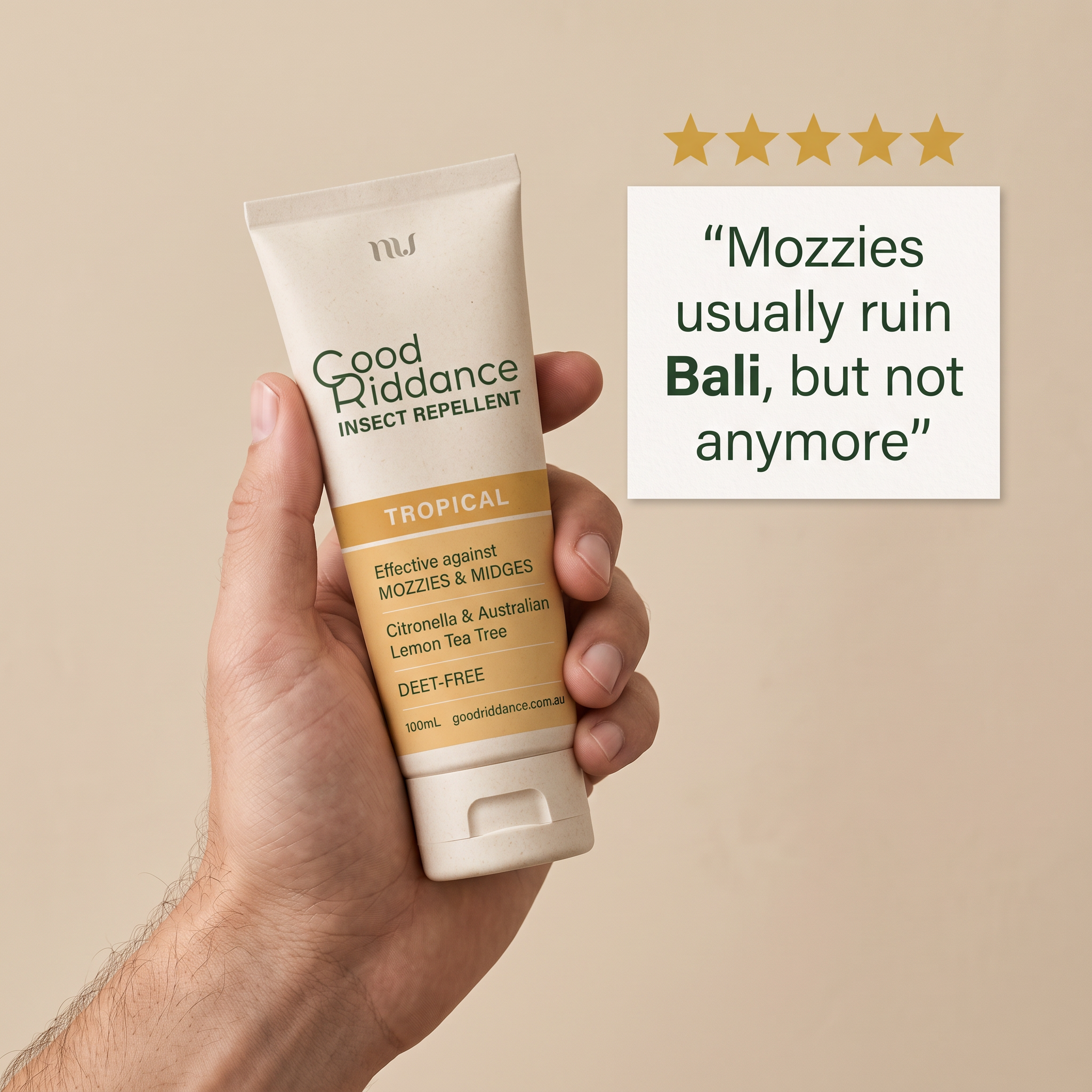 Hand holding Good Riddance Tropical repellent beside five gold stars and quote Mozzies usually ruin Bali but not anymore