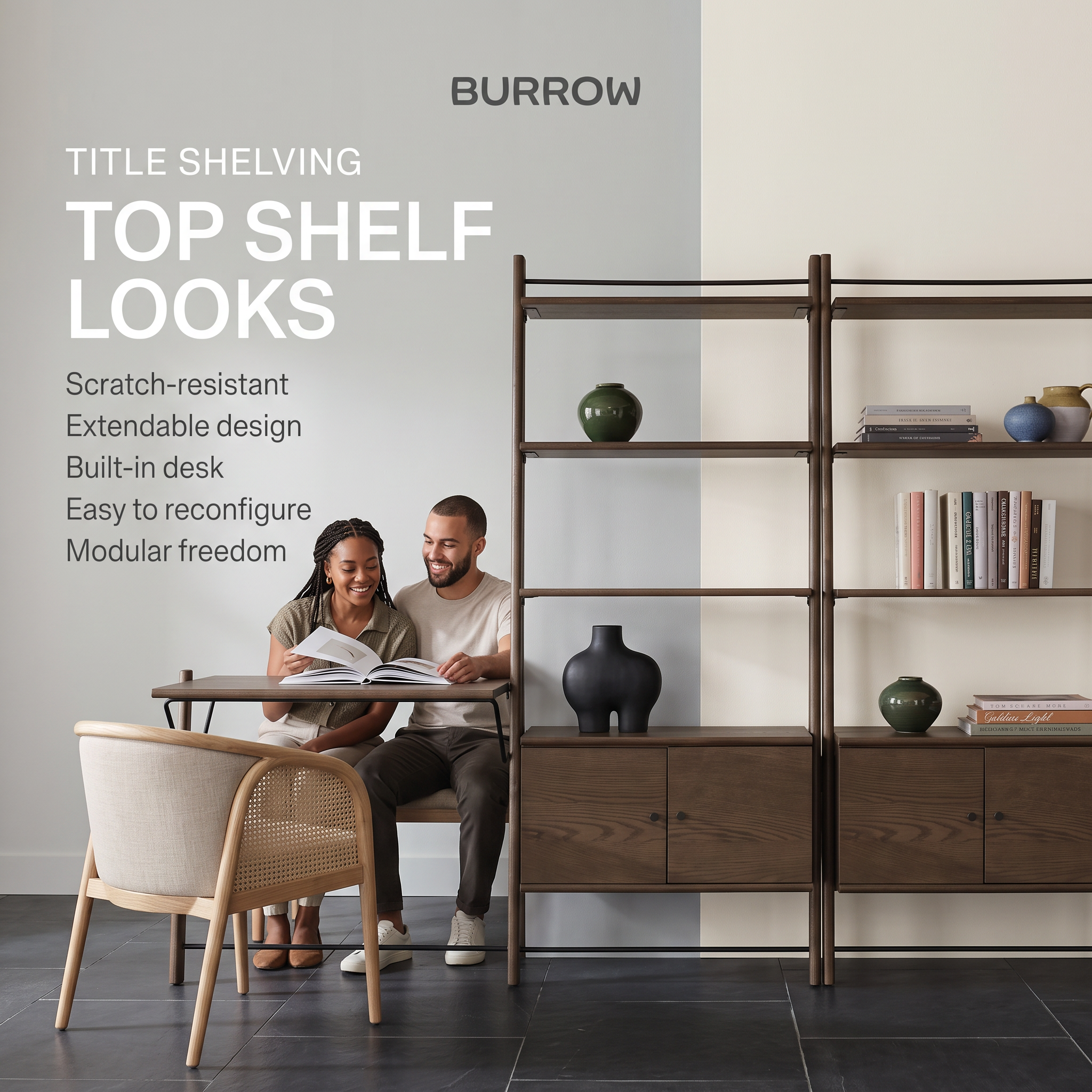 Couple reading at the built-in desk of walnut Burrow Title Shelving, with headline Top Shelf Looks and a feature list