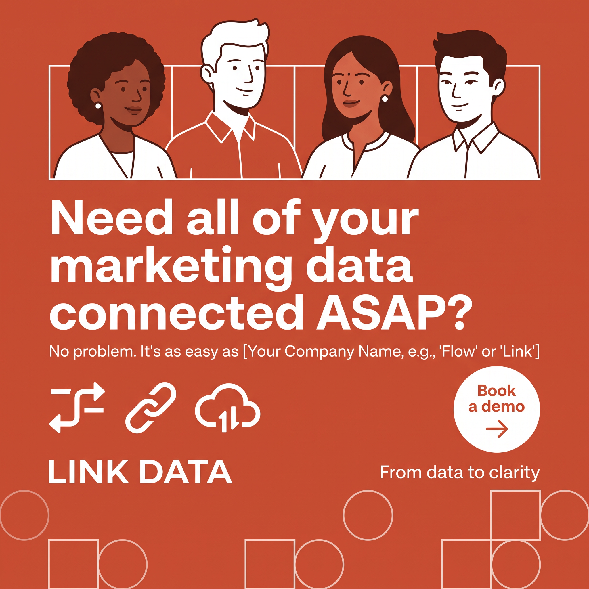 Illustrated team above headline Need all of your marketing data connected ASAP on red background with Book a demo button