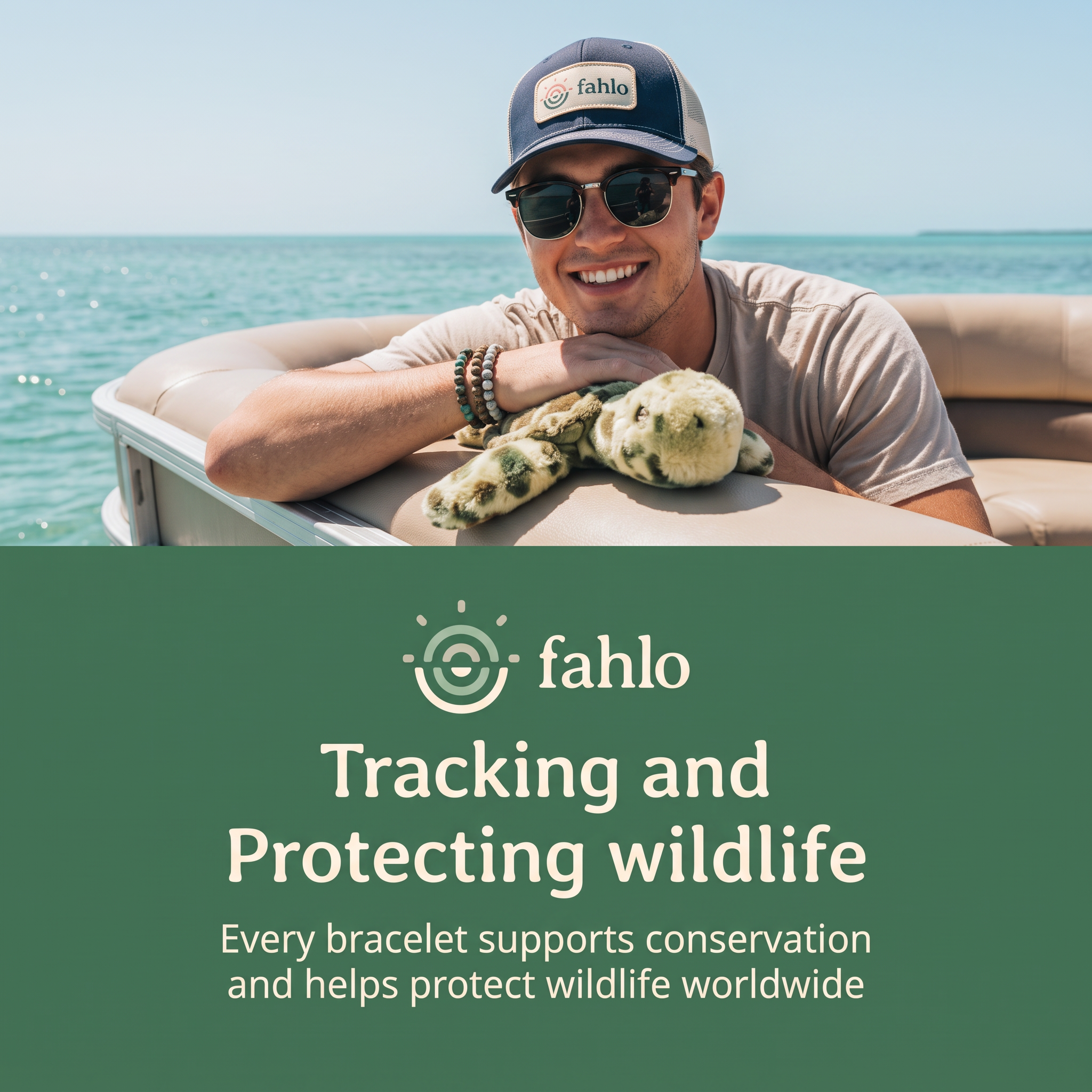 Man in Fahlo cap on a boat with beaded bracelets and plush sea turtle above green panel: Tracking and Protecting wildlife