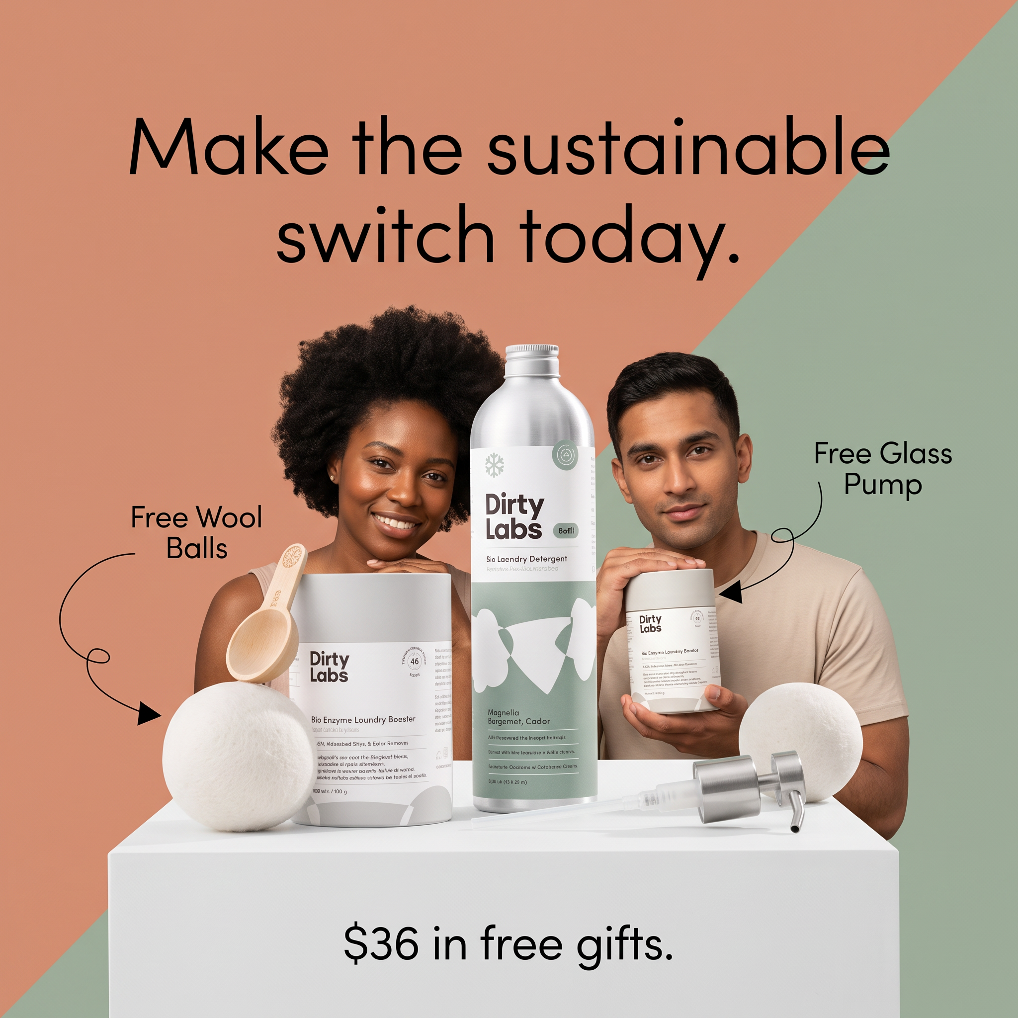Two smiling people behind Dirty Labs detergent, booster and wool dryer balls with free gift labels on terracotta and sage