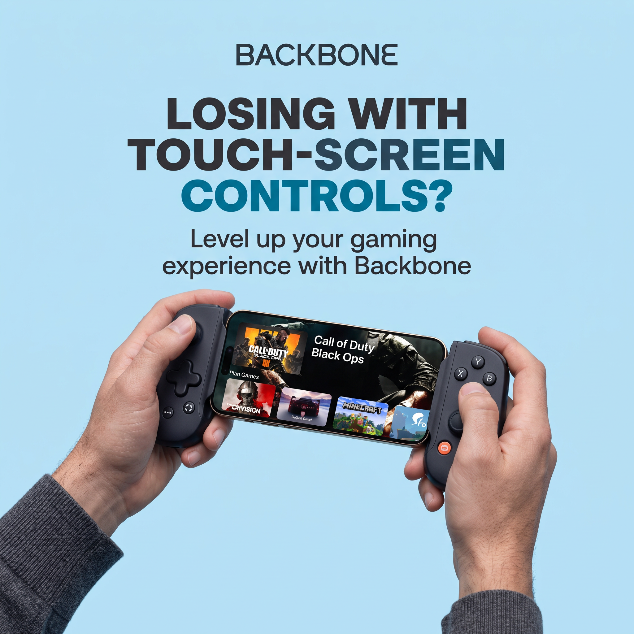 Hands holding a phone in a black Backbone controller showing a game library, under a headline about touch-screen controls