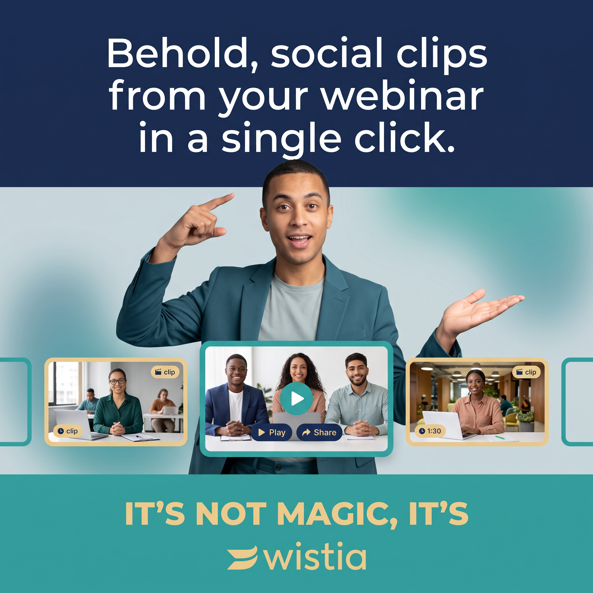 Presenter in teal blazer pointing at webinar clip thumbnails under a headline about social clips in one click