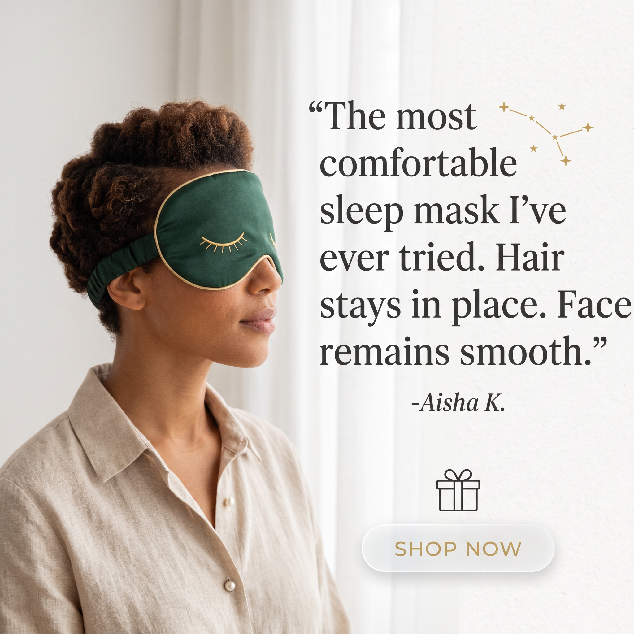 Woman wearing a green silk sleep mask with gold trim beside a customer quote and Shop Now button