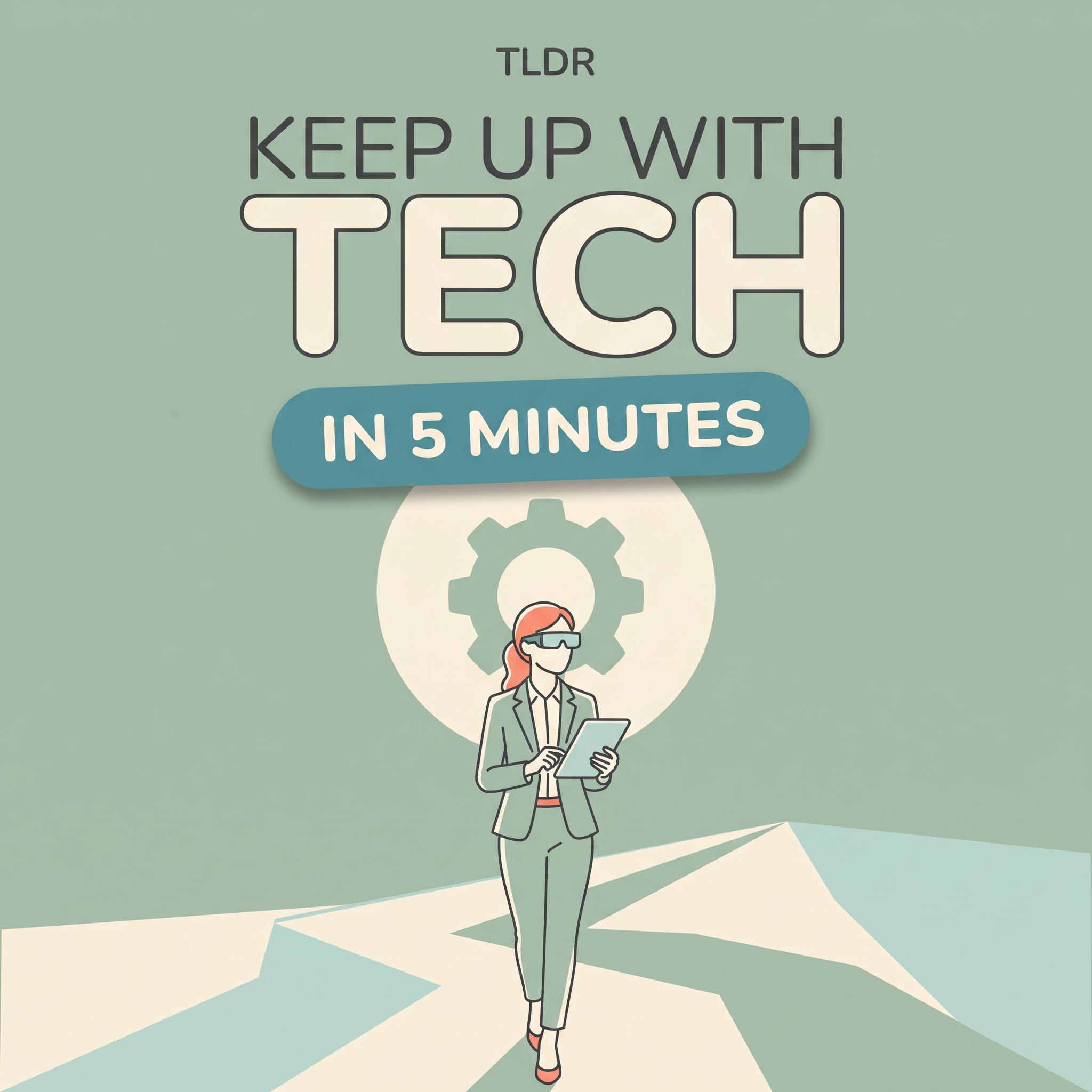 Illustrated woman in a suit walking with a tablet under the headline Keep up with tech in 5 minutes on sage green
