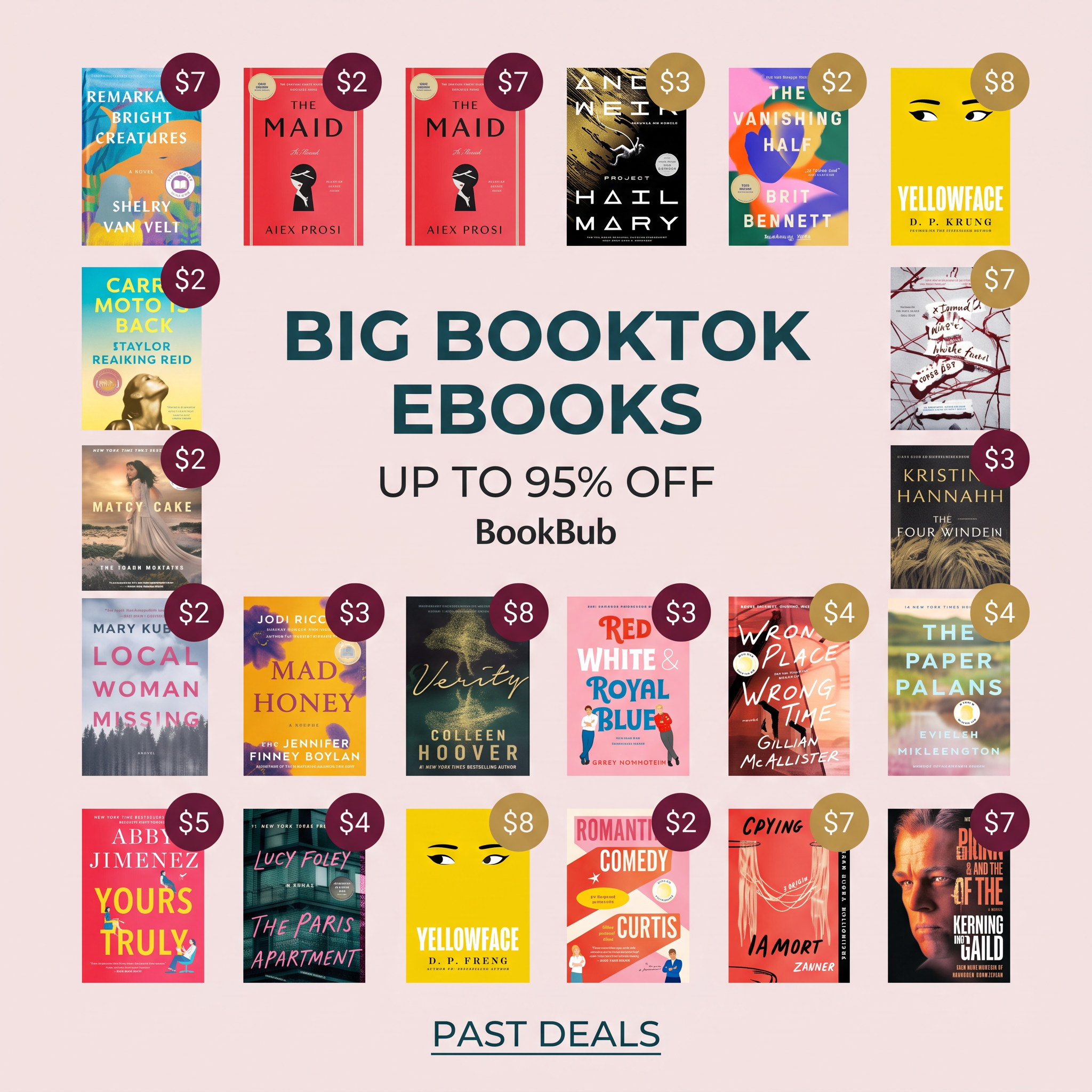Grid of popular book covers with $2 to $8 price badges around the headline Big BookTok Ebooks Up to 95% Off