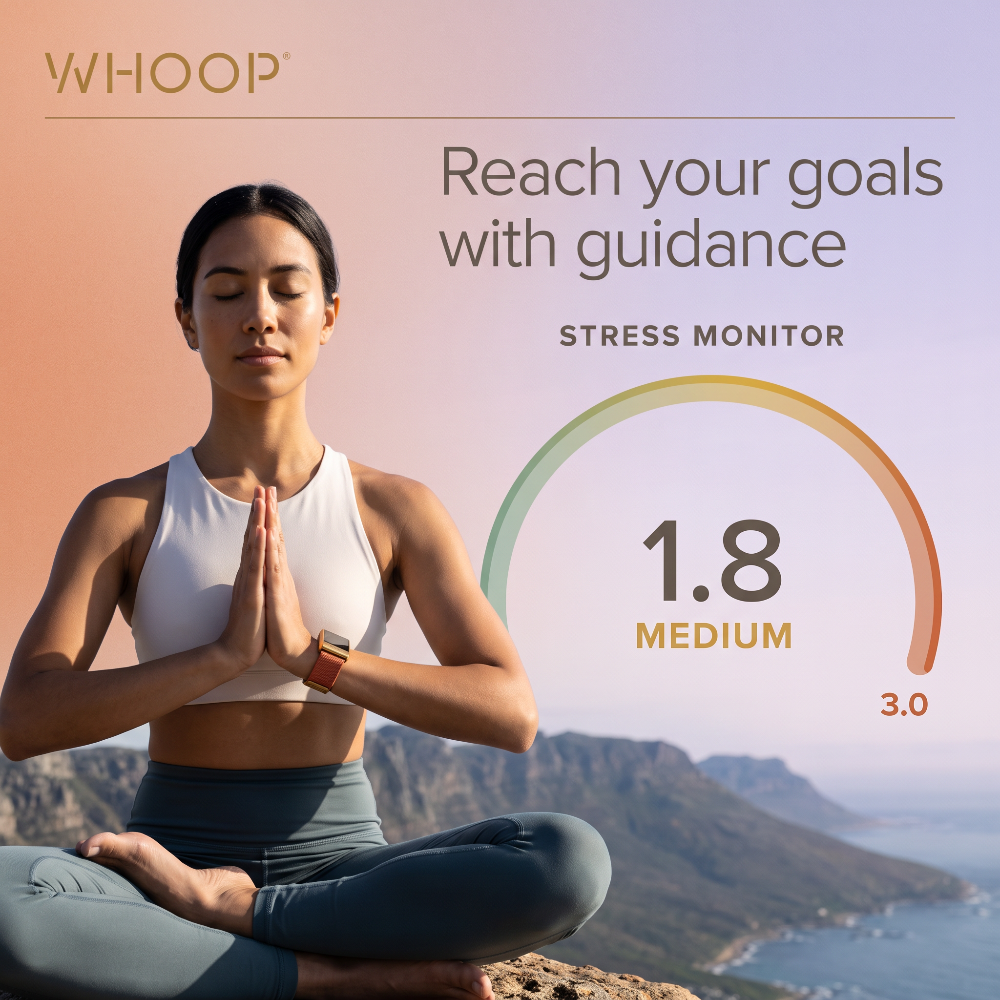 Woman meditating on a coastal cliff wearing a WHOOP band, beside a stress gauge showing 1.8 Medium