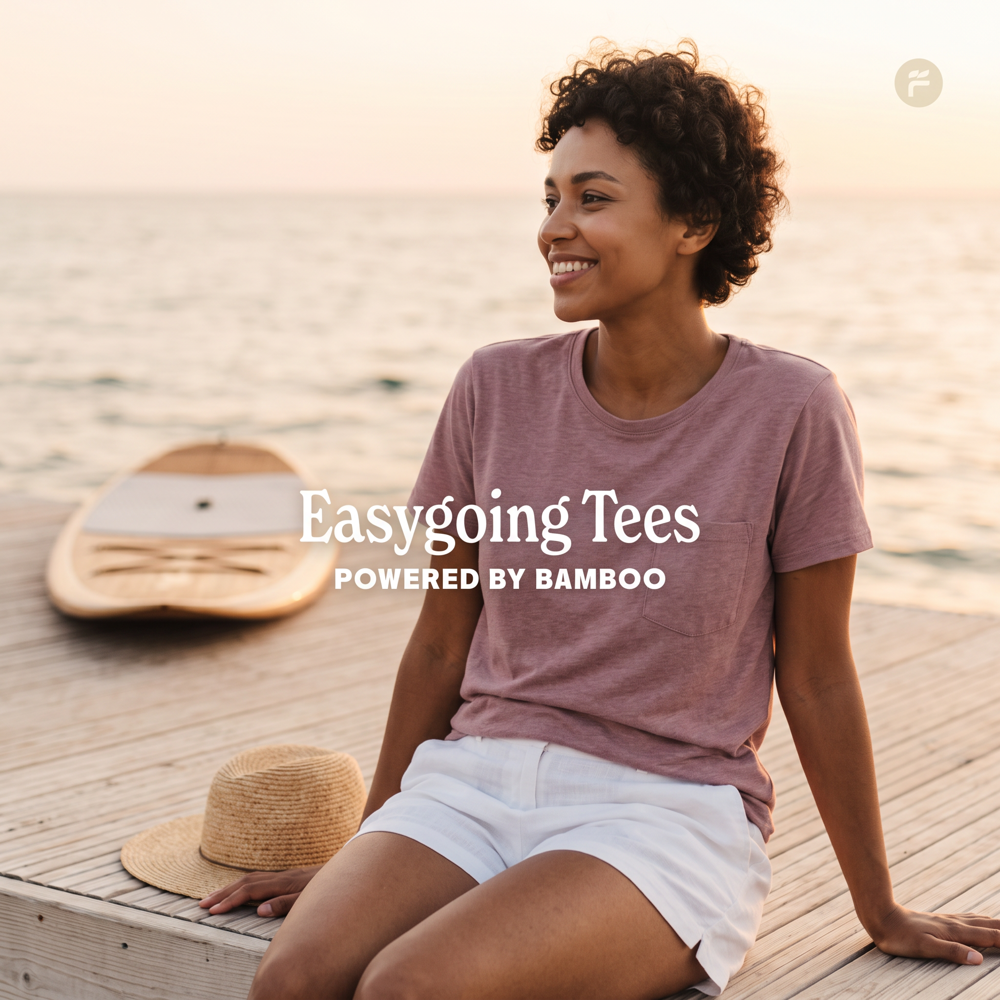 Smiling woman in a mauve pocket tee and white shorts on a wooden dock at sunset beside a paddleboard and straw hat