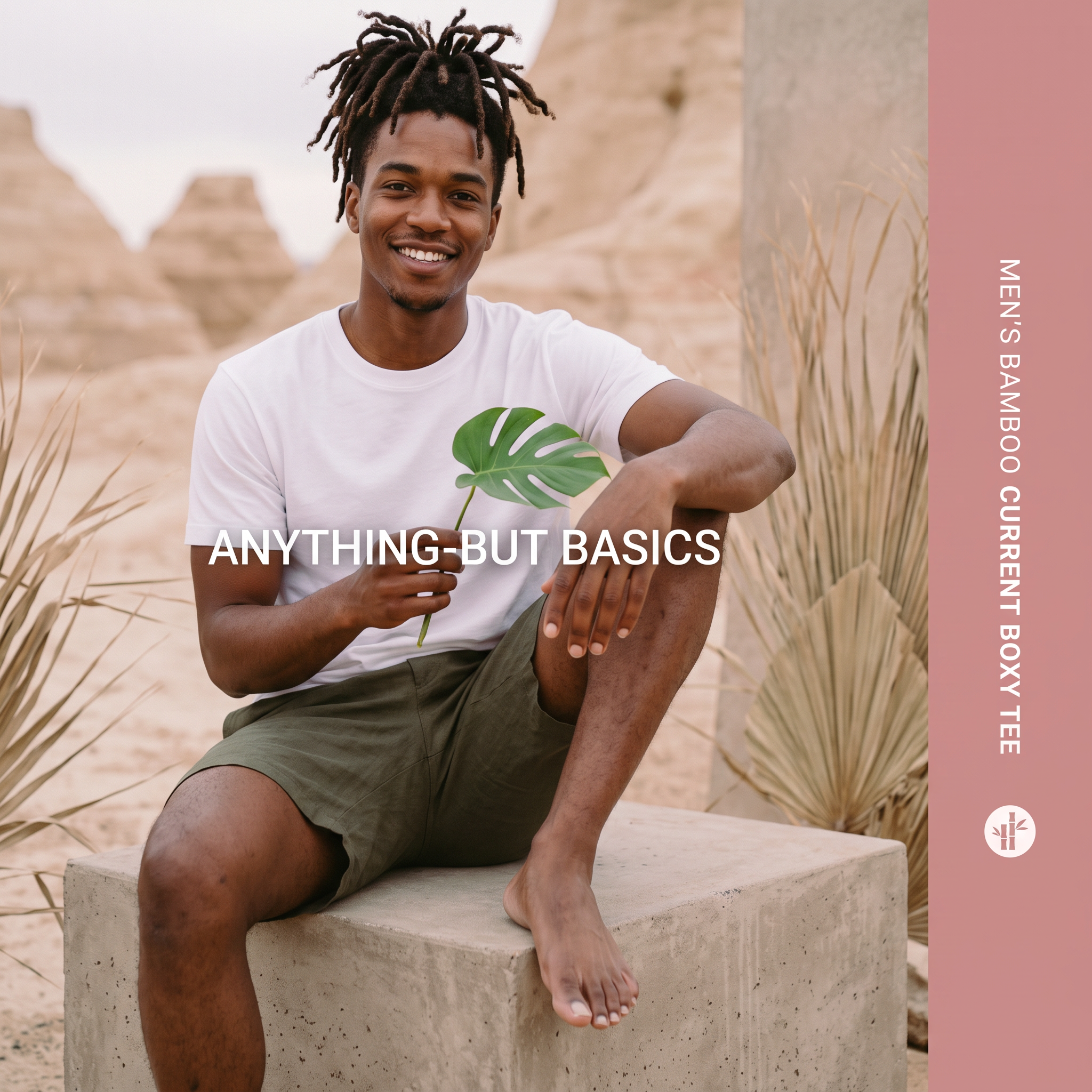 Smiling man in a white boxy tee and olive shorts sitting on a concrete block in a desert, with a pink side banner