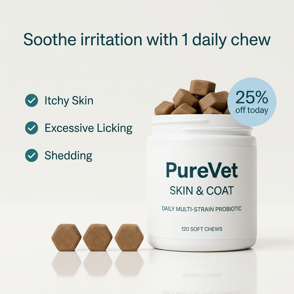 White PureVet Skin & Coat jar of brown soft chews beside a checklist of itchy skin, licking and shedding, with 25% off badge