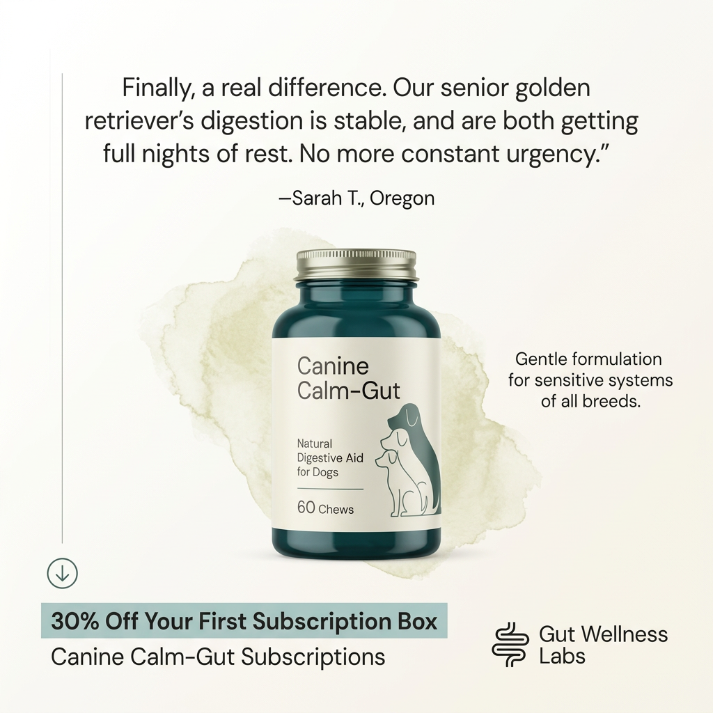 Dark teal Canine Calm-Gut bottle on a green watercolor splash under a customer quote, with 30% off subscription banner