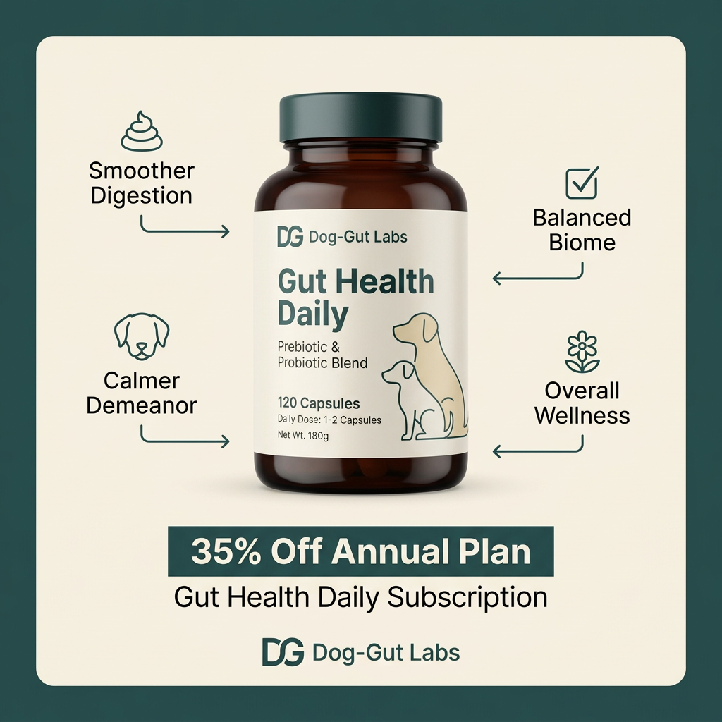 Amber Gut Health Daily bottle with four arrow callouts for digestion, biome, demeanor and wellness, plus 35% off offer