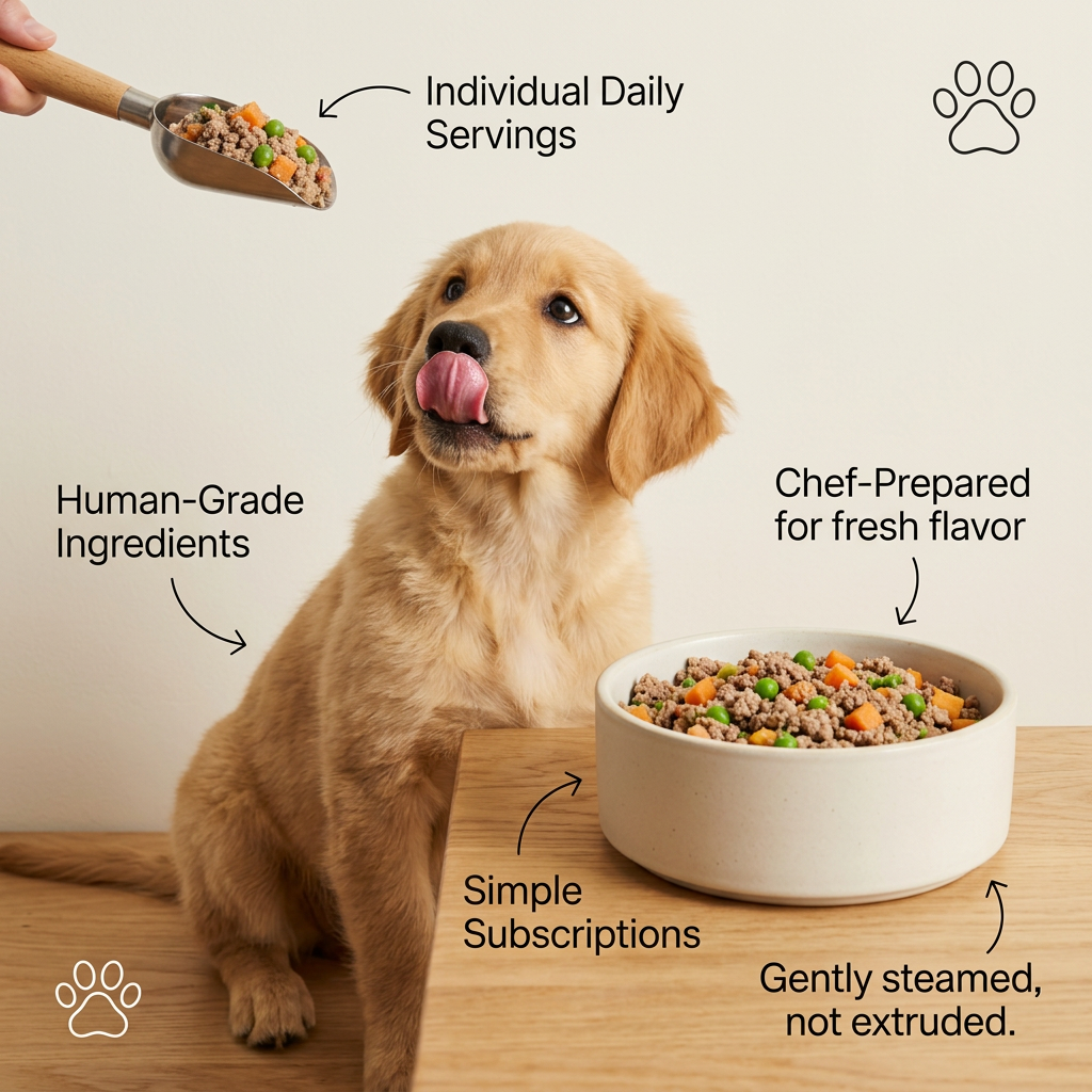 Golden retriever puppy licking its lips beside a bowl of fresh dog food with peas and carrots, arrows label five benefits