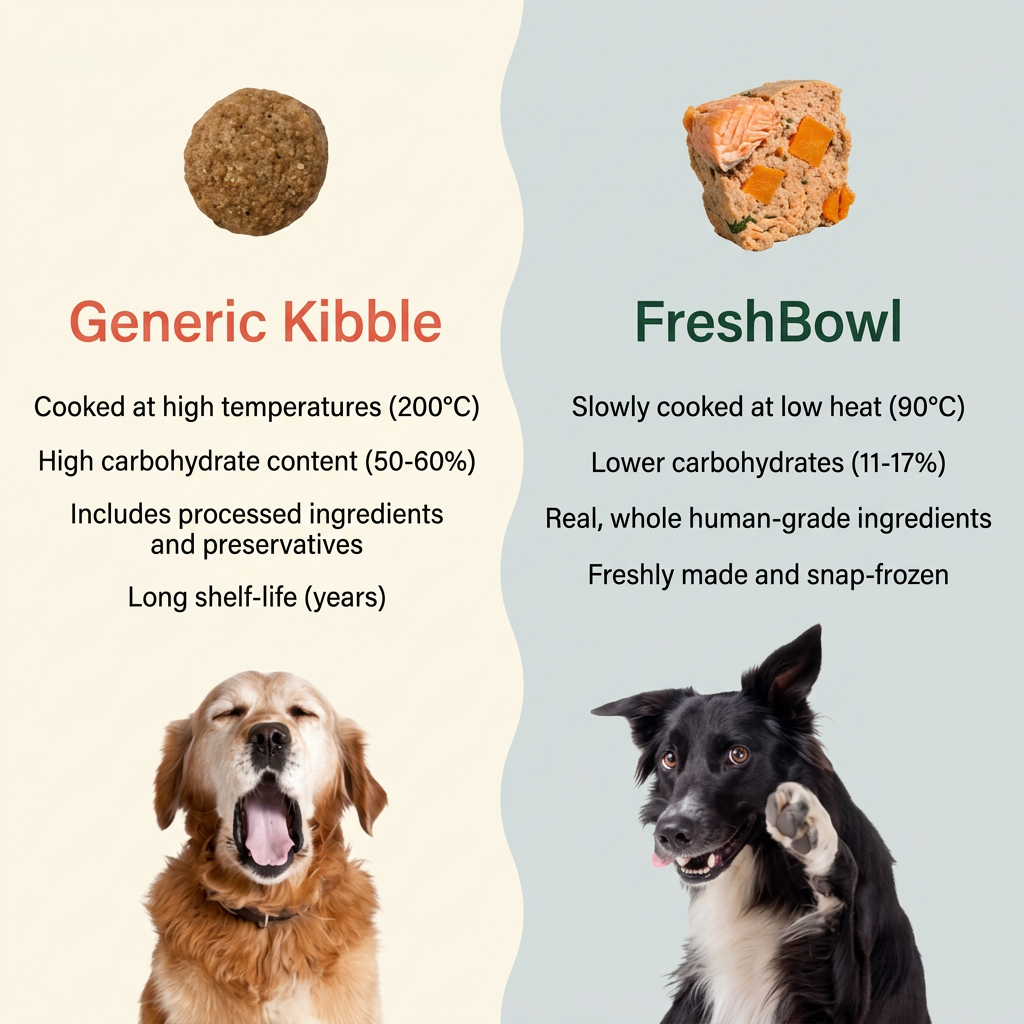 Split ad: kibble and yawning golden retriever vs FreshBowl salmon chunk and waving border collie, four facts per side