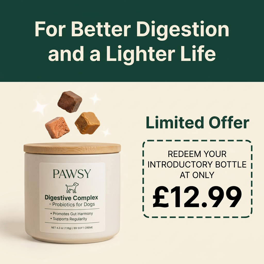Pawsy Digestive Complex ceramic jar with bamboo lid and floating chews next to a dashed coupon: introductory bottle at £12.99