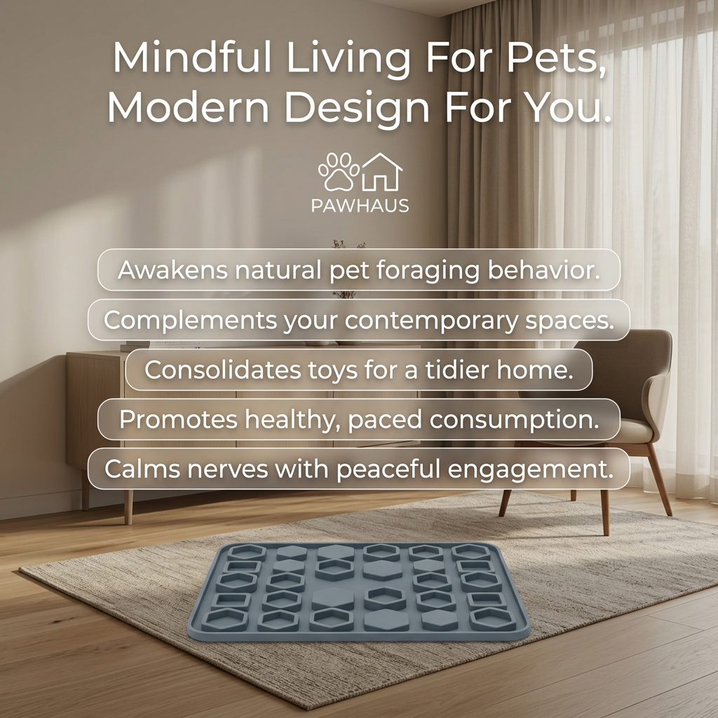 Grey hexagon silicone enrichment mat on a rug in a minimalist living room with five frosted benefit labels and Pawhaus logo