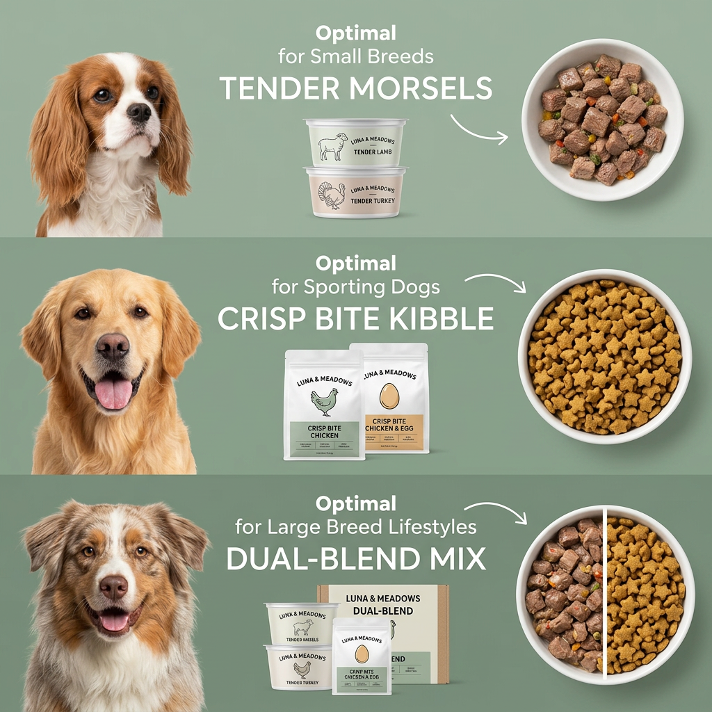 Spaniel, golden retriever and Australian shepherd matched with wet food, kibble and a mixed bowl from Luna & Meadows