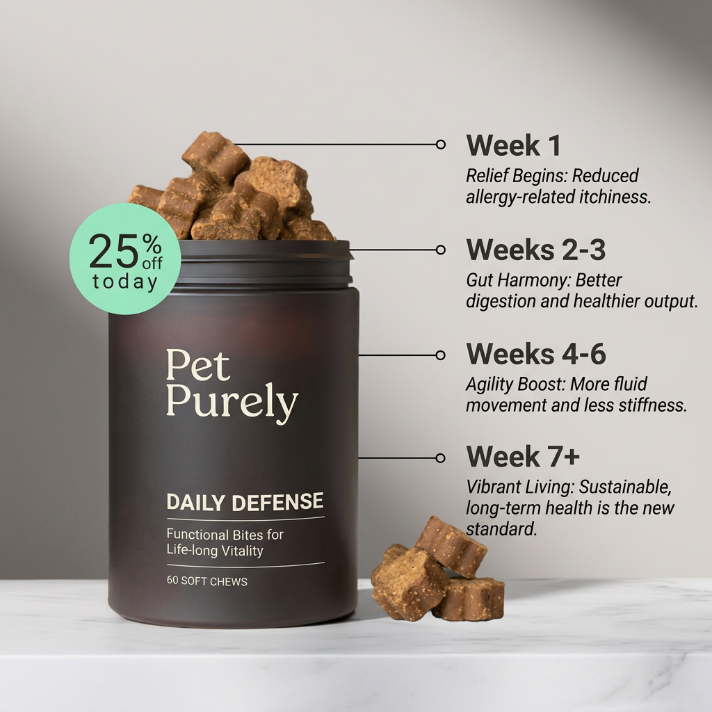 Dark brown Pet Purely Daily Defense jar of soft chews with 25% off badge and four lines to a week-by-week results timeline
