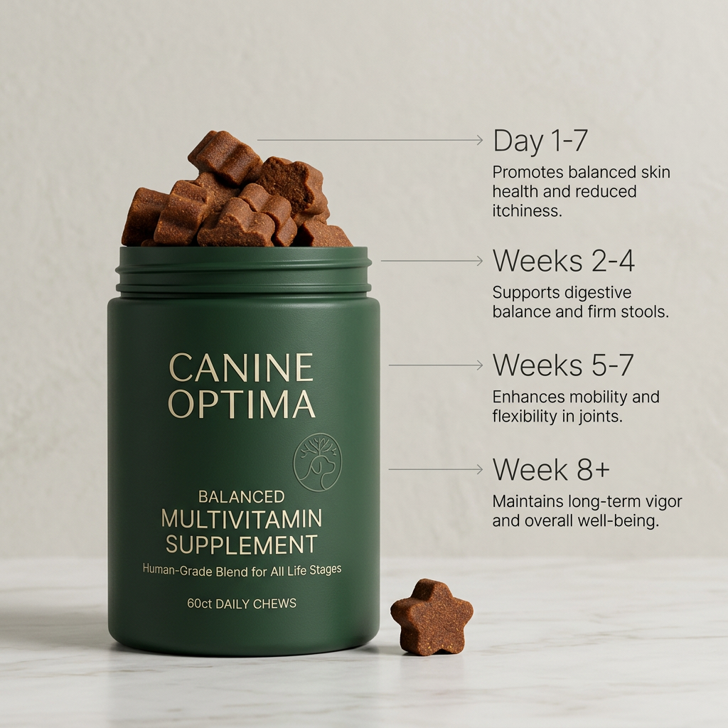 Forest-green Canine Optima multivitamin jar of star-shaped chews with thin arrows to a timeline from day 1-7 to week 8+